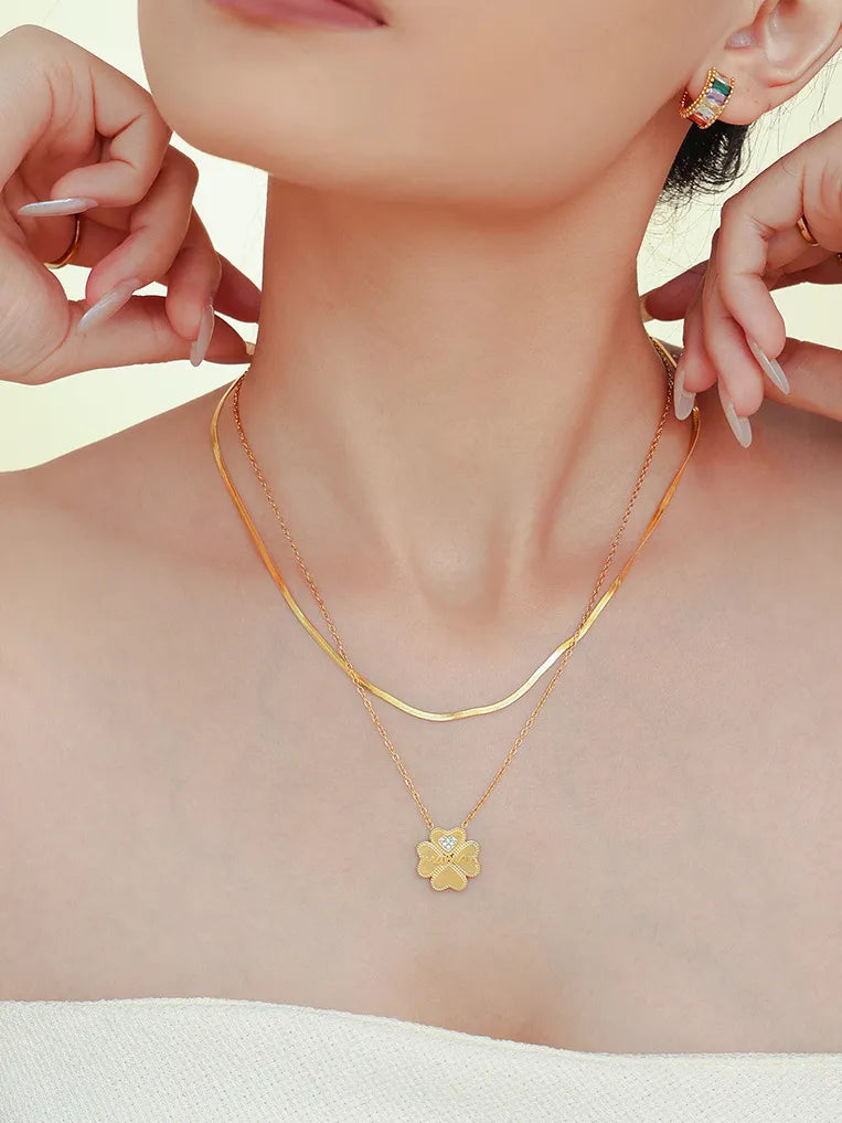 2 Piece 18K Gold-Plated Inlaid Zircon Lucky Clover Necklace - Korvel