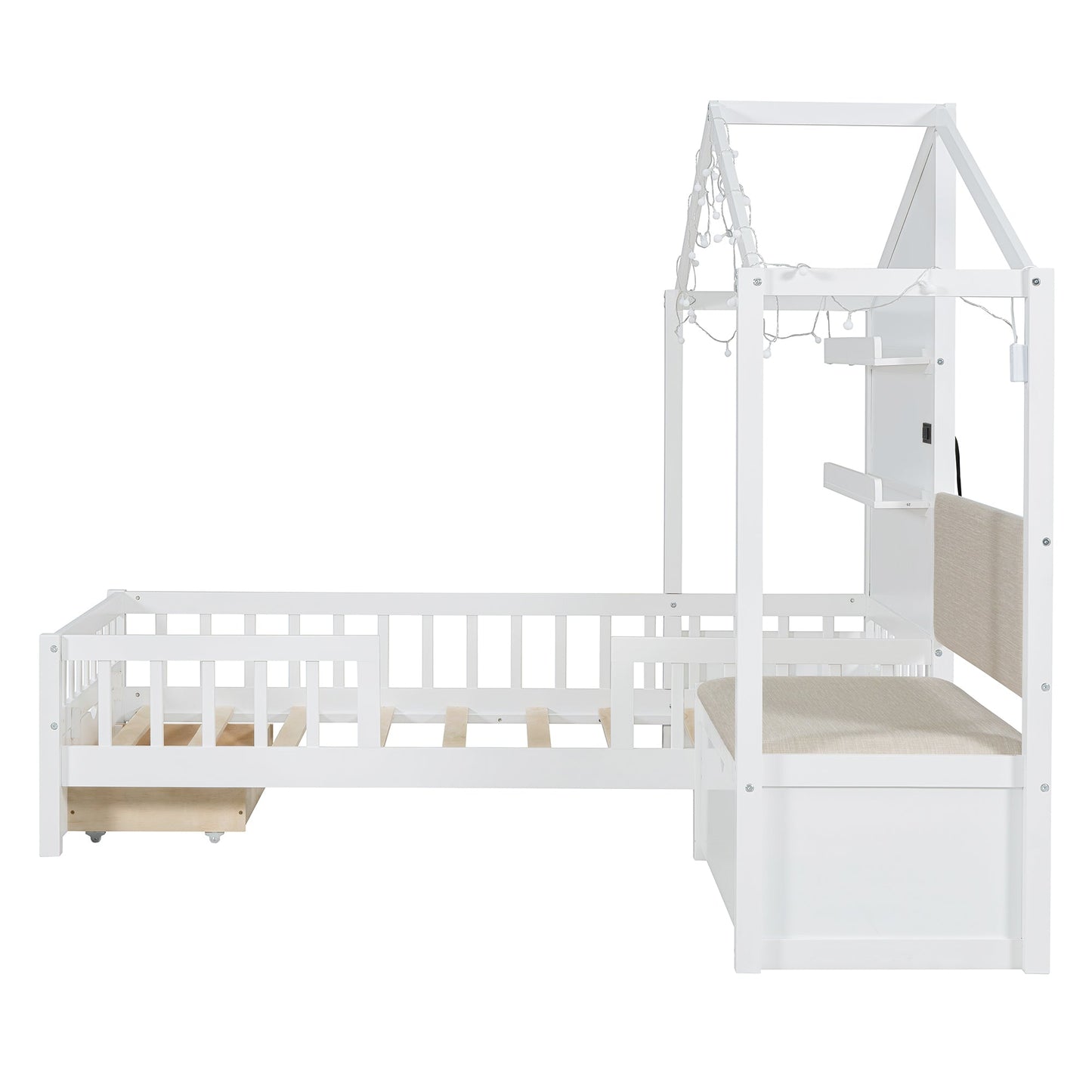 Twin Size House Bed with Upholstered Sofa and Charging Station