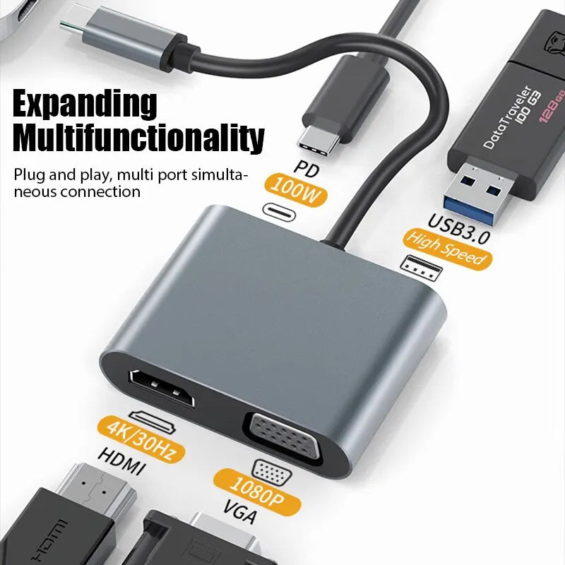 USB C Hub 4 in 1 Type C 3.0 Adapter with 4K HDMI & VGA