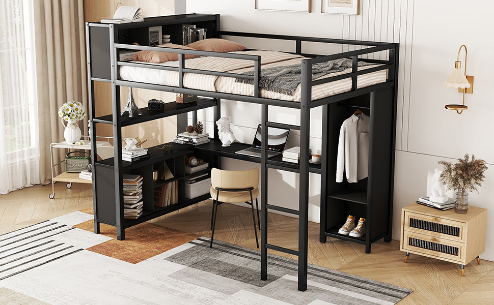 Lit mezzanine en métal premium avec armoire et bureau