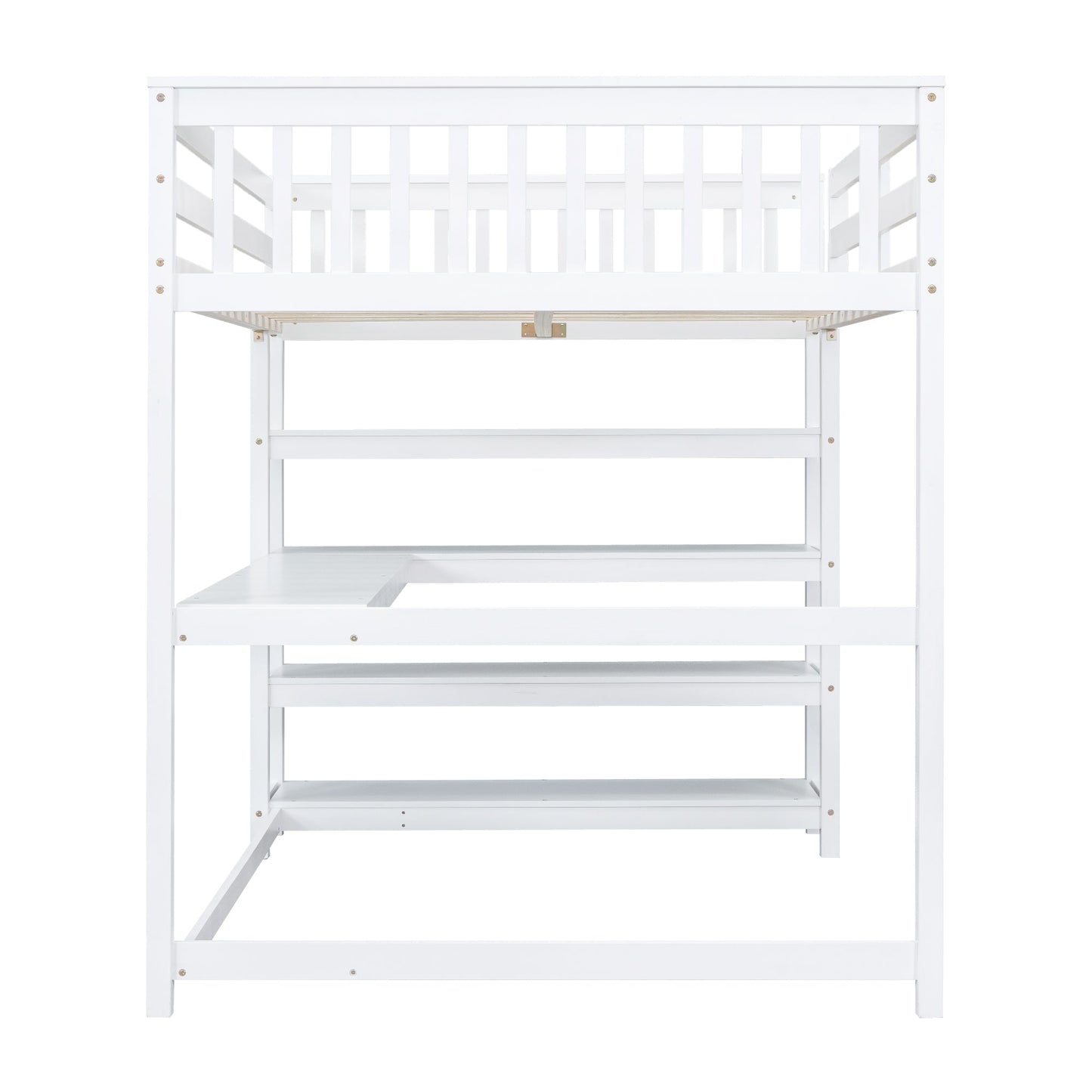 Full Size Loft Bed with Storage Shelves and Under-bed Desk  White - Korvel