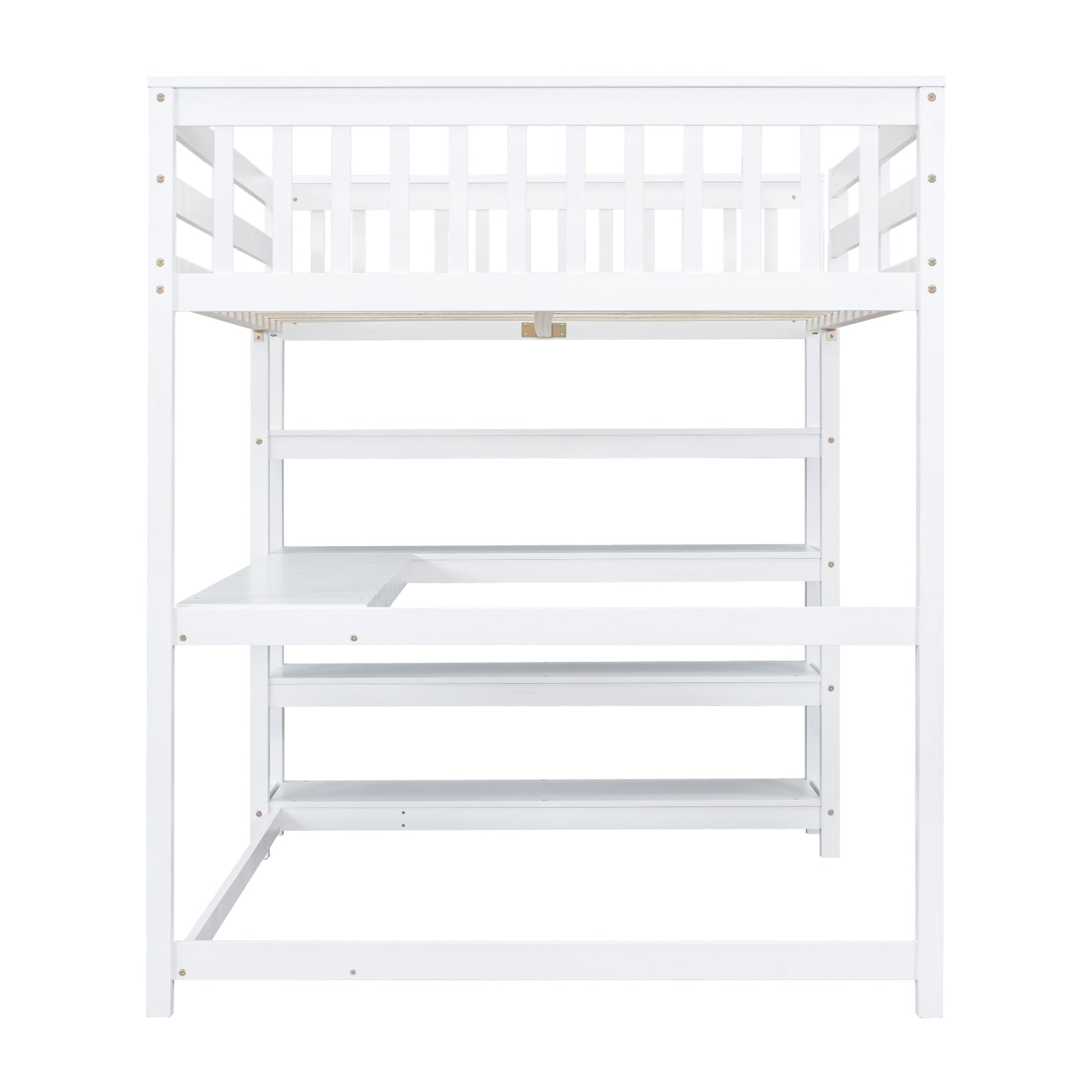 Full Size Loft Bed with Storage Shelves and Under-bed Desk  White - Korvel