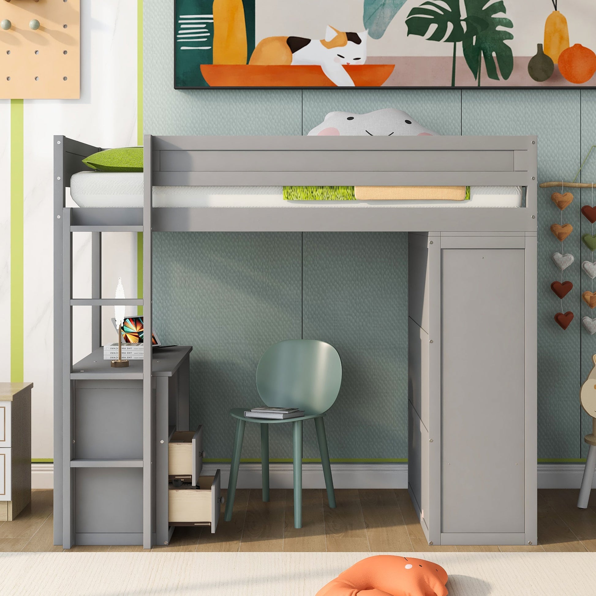 Wood Twin Size Loft Bed with Wardrobes and 2-Drawer Desk with Cabinet Gray - Korvel