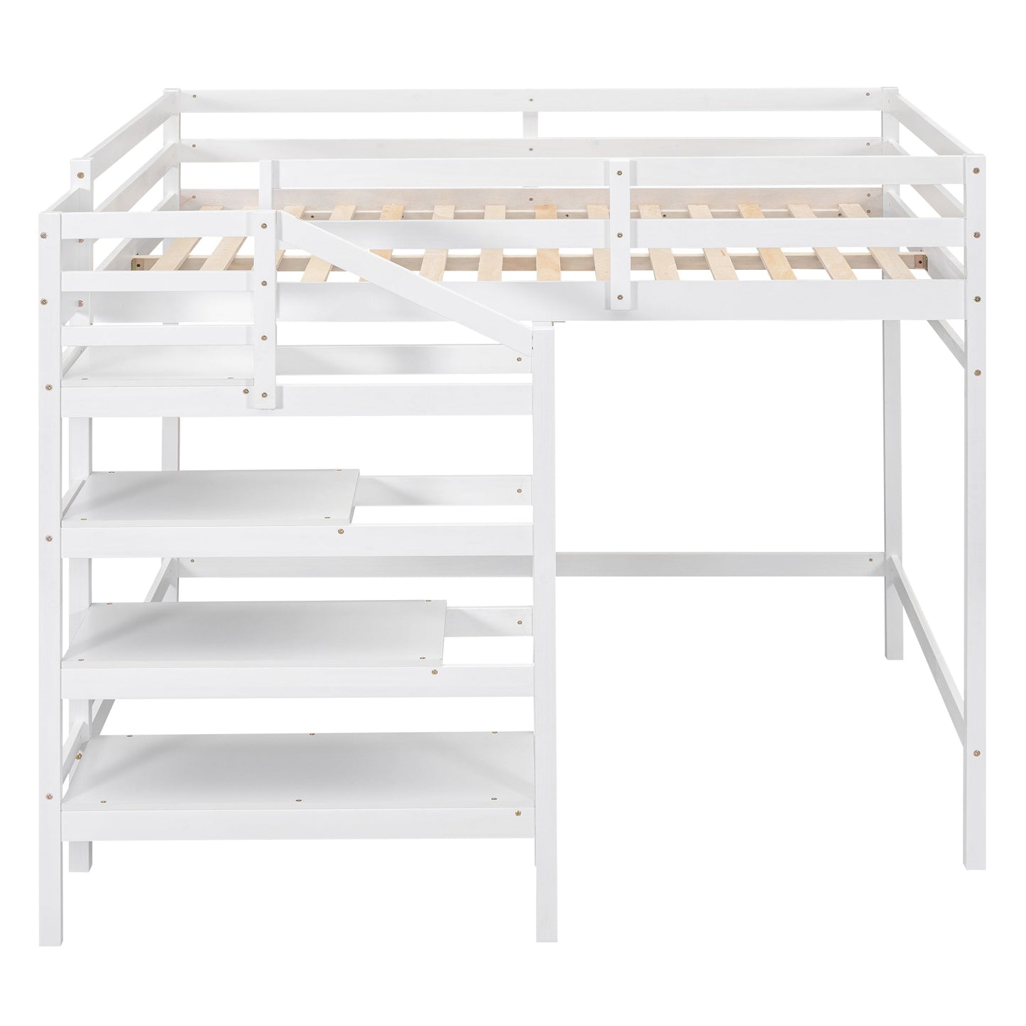Full Size Loft Bed with Storage Staircase and Clothes Hanger - White