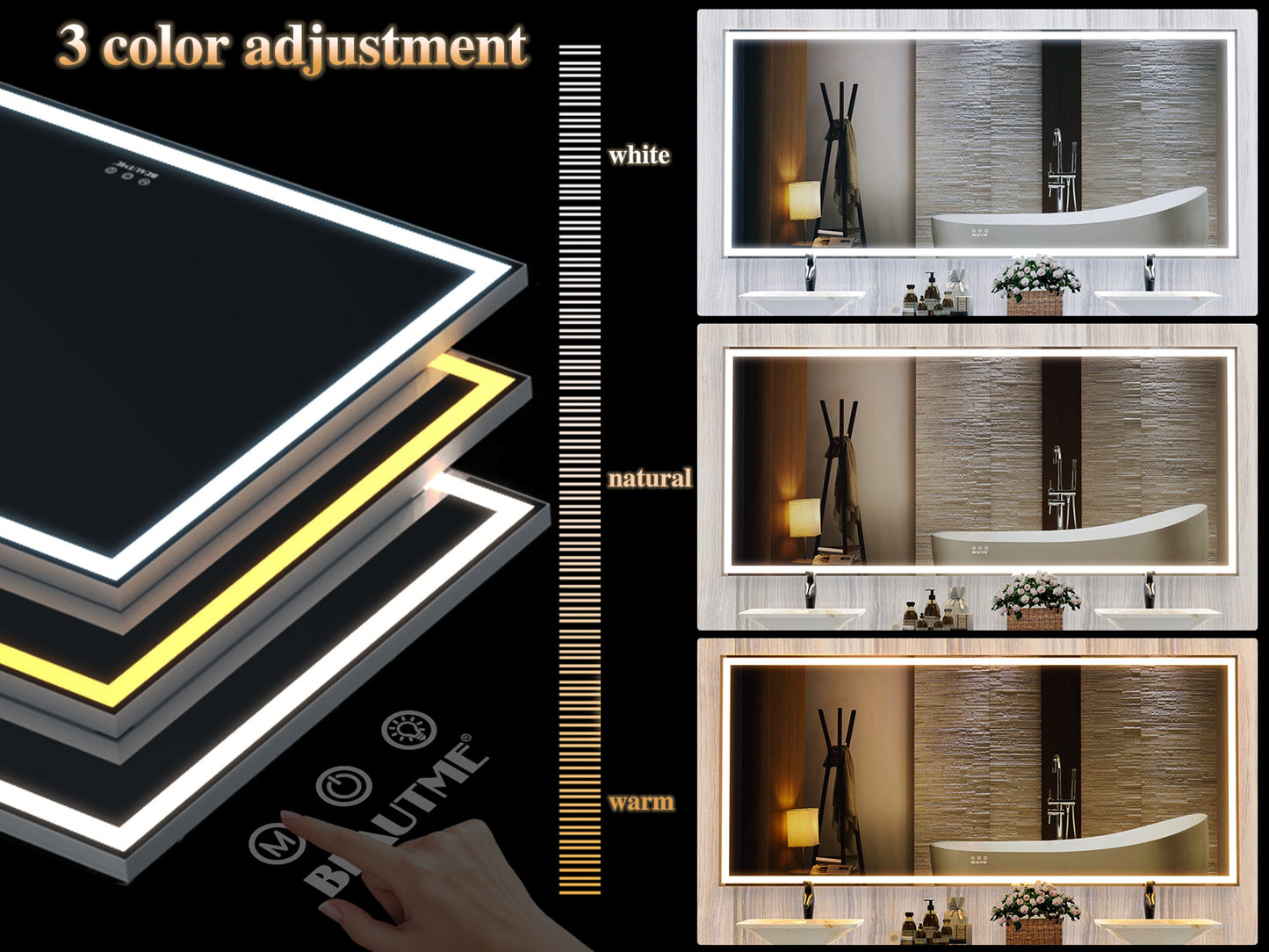 72x32 Inch LED Bathroom Mirror with 3 Color Modes