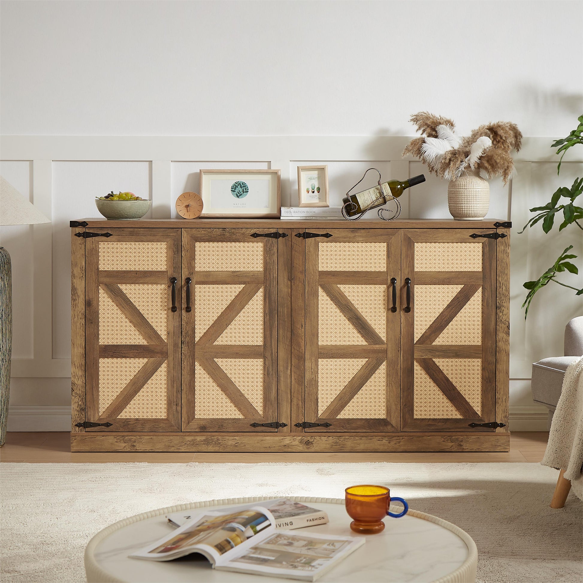 65-Inch Rustic Oak Color Faux Rattan Sideboard, Barn Door Rustic Style Sideboard, Living Room, Entryway, Bedroom - Korvel