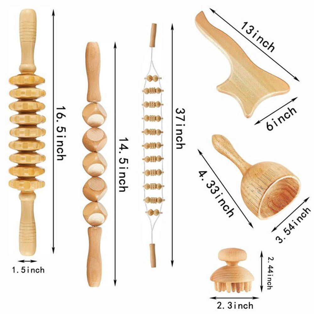 Beech wood therapy scraping cup, meridian dredging roller, tendon rolling stick, scraping board, head massager, massage set - Korvel