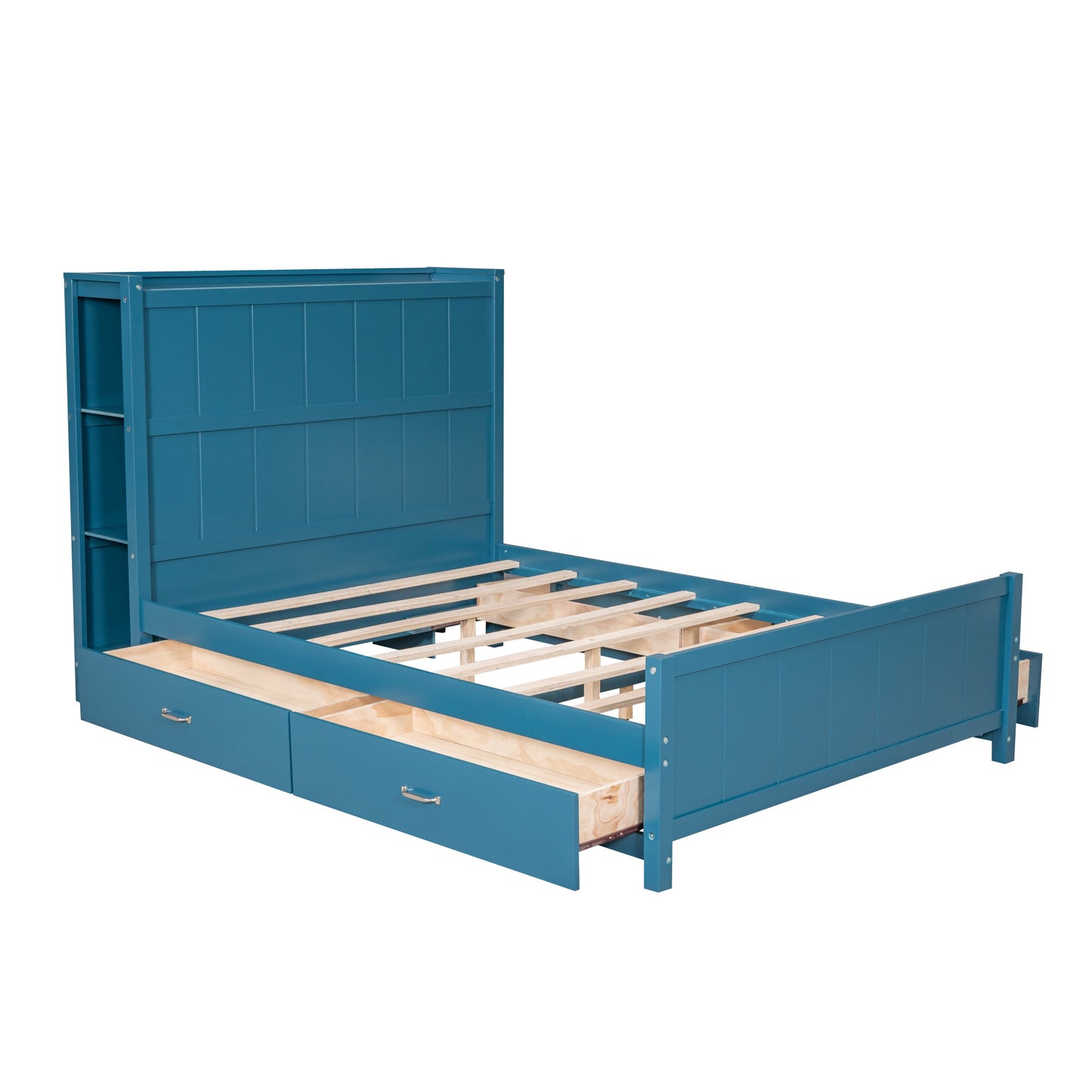 Lit plateforme bleu de taille complète avec tiroirs et étagères de rangement