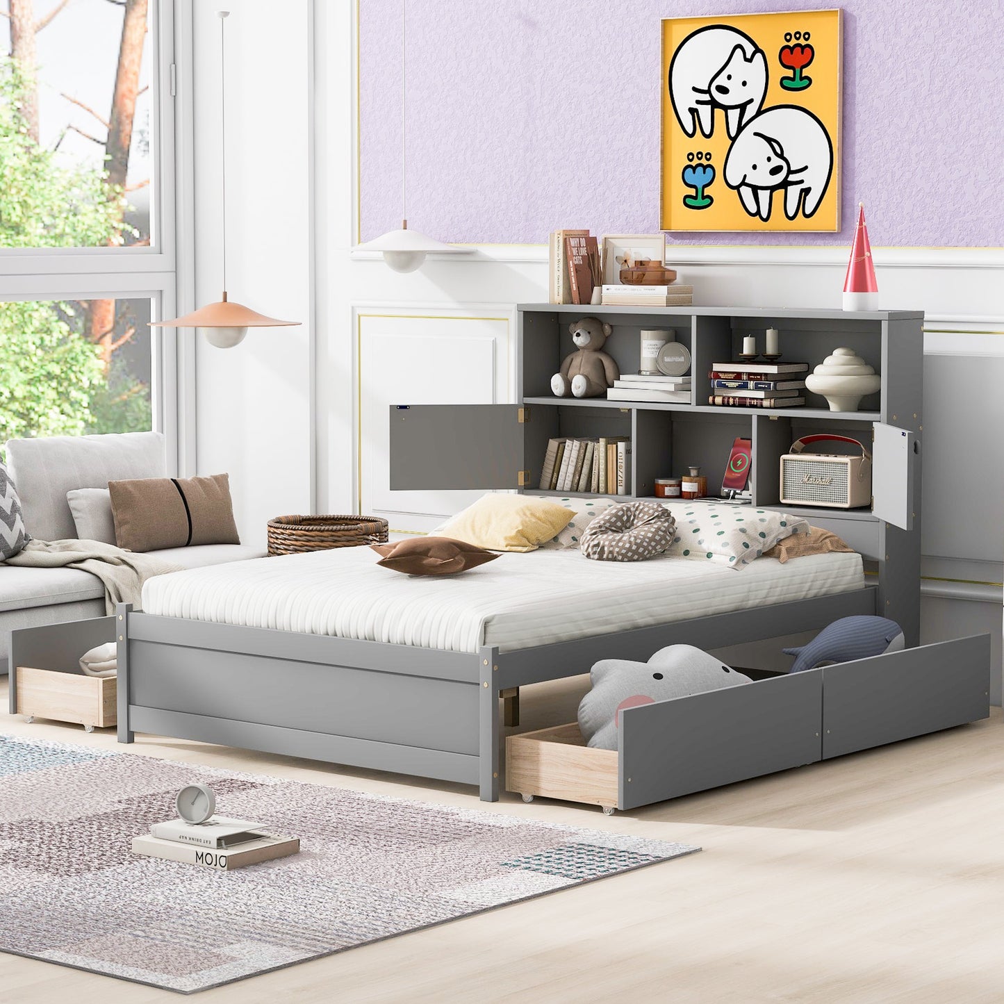 Full Size Platform Bed with Storage Headboard and Charging Station