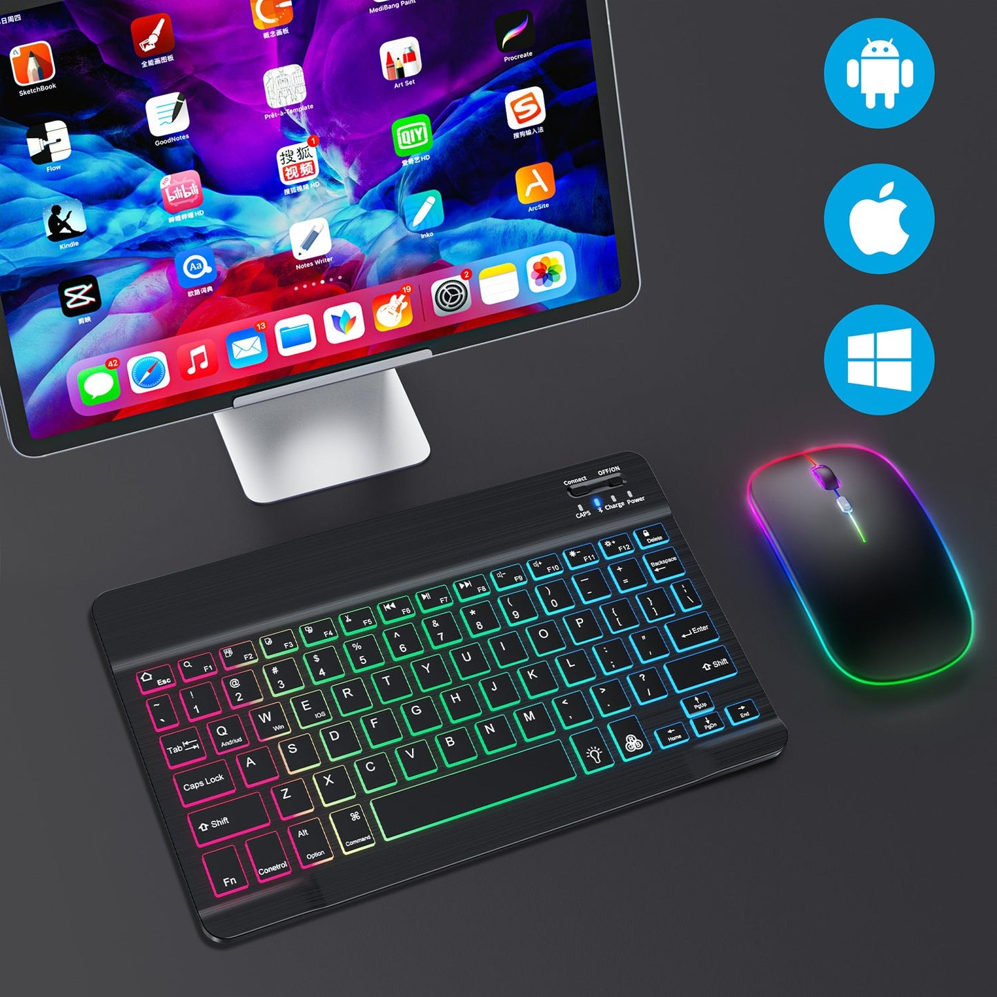 Suitable for iPad gradient luminous wireless keyboard and mouse set tablet Bluetooth keyboard - Korvel