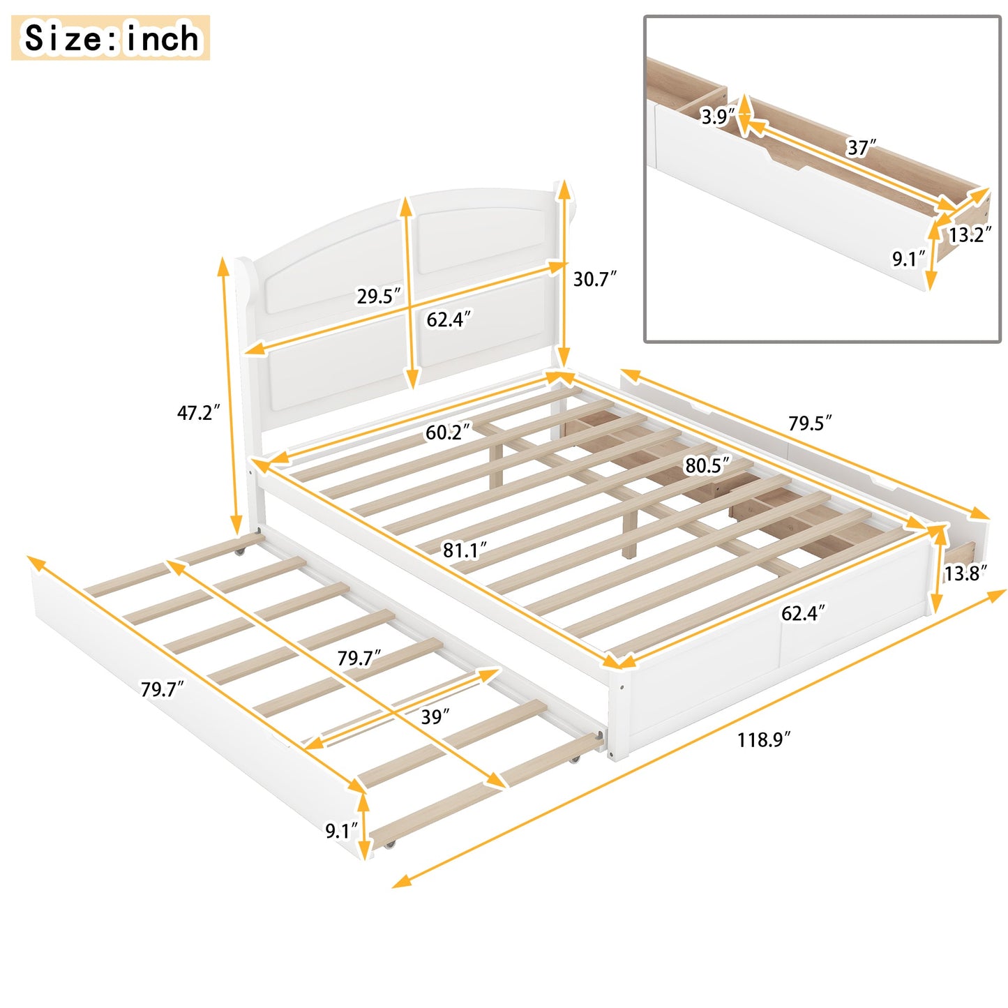 Lit plateforme queen en bois blanc élégant avec lit gigogne