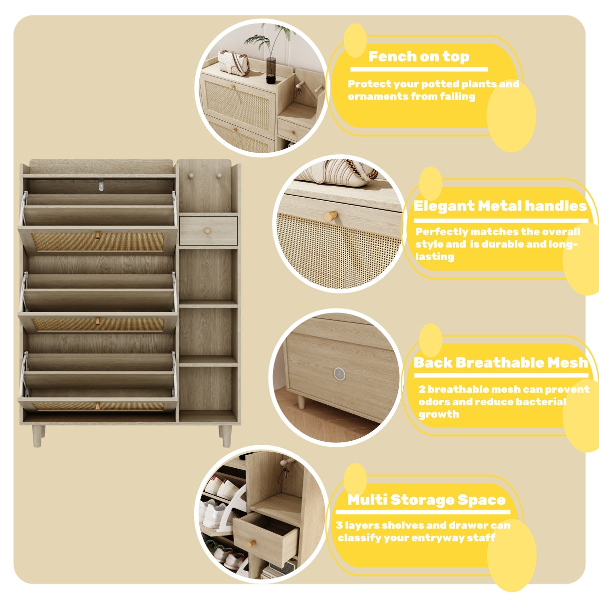 Natural Bohemian style shoe cabinet with 3 rattan flip drawers, 3 square shelves, and 1 storage drawer,  Natural - Korvel