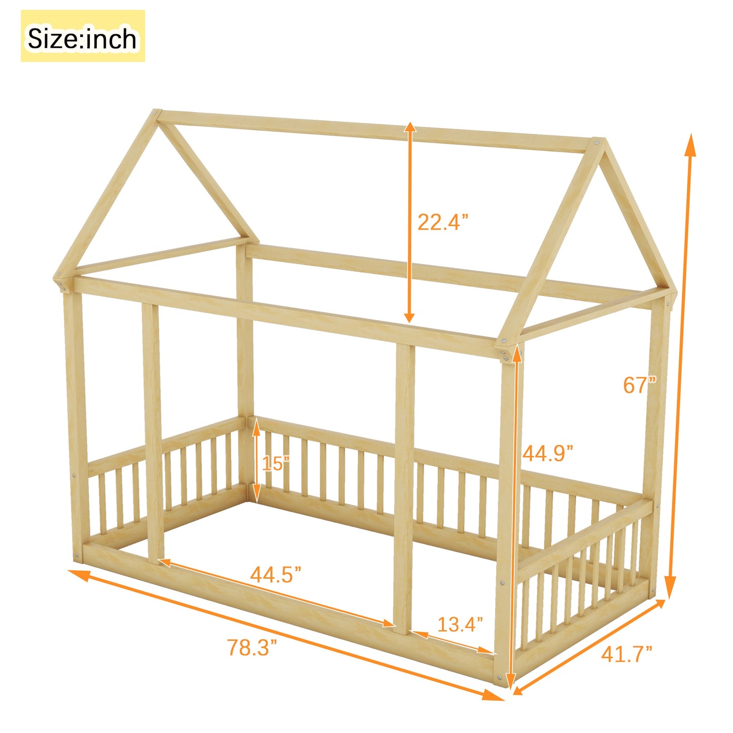 Twin Size Floor Wooden Bed with House Roof Frame and Safety Guardrails,Natural - Korvel