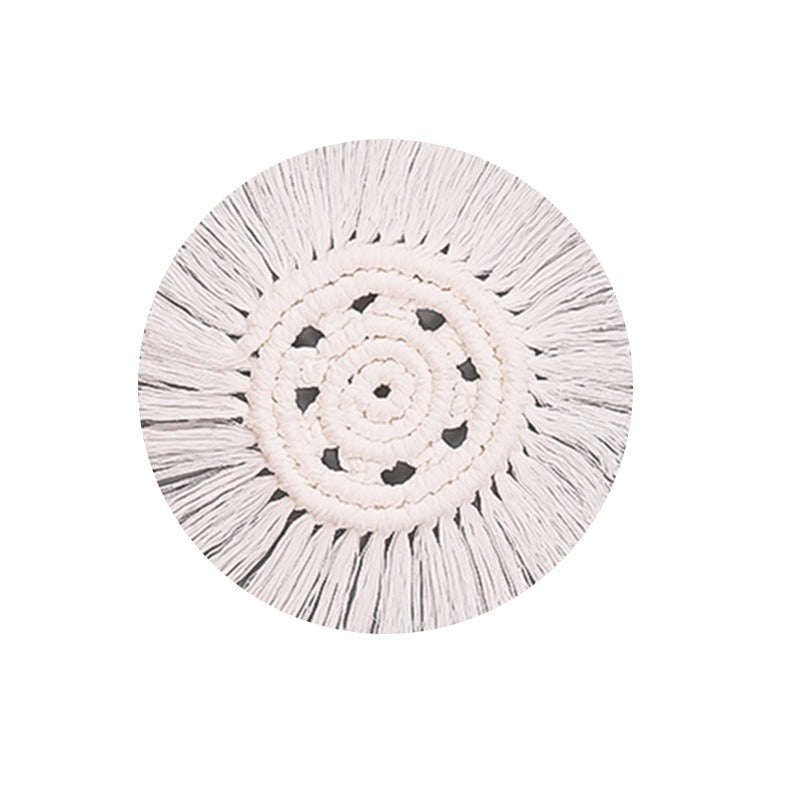 Nordic style hand woven cotton rope coaster insulation pad, white tassel desktop minimalist decorative pad - Korvel