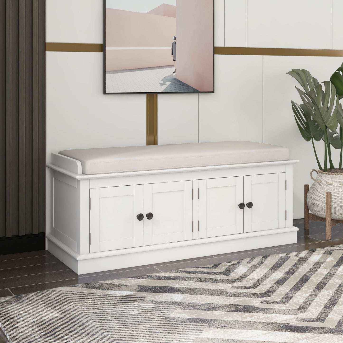 TREXM Storage Bench with Adjustable Doors and Padded Shoe Stand