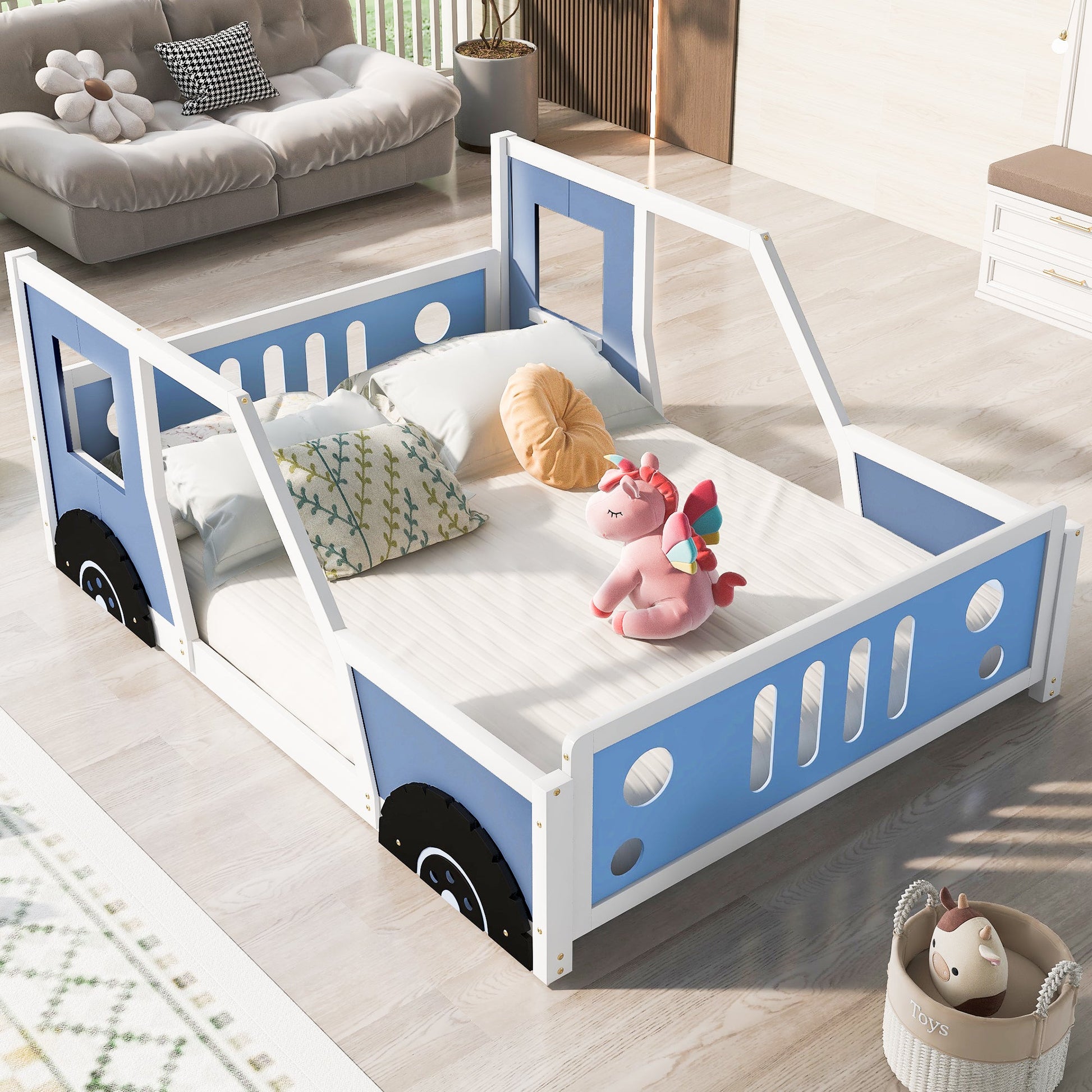 Full Size Classic Car-Shaped Platform Bed with Wheels,Blue - Korvel