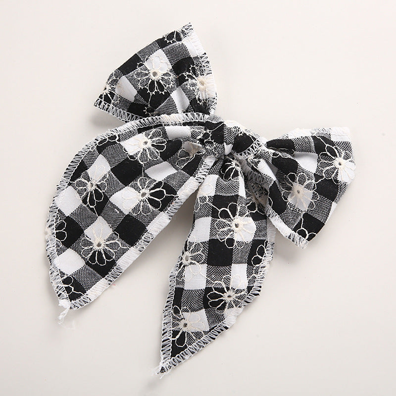 Children's Headwear Girl Plaid Cotton Embroidery Bow Hairpin Big Swallowtail Hairpin - Korvel