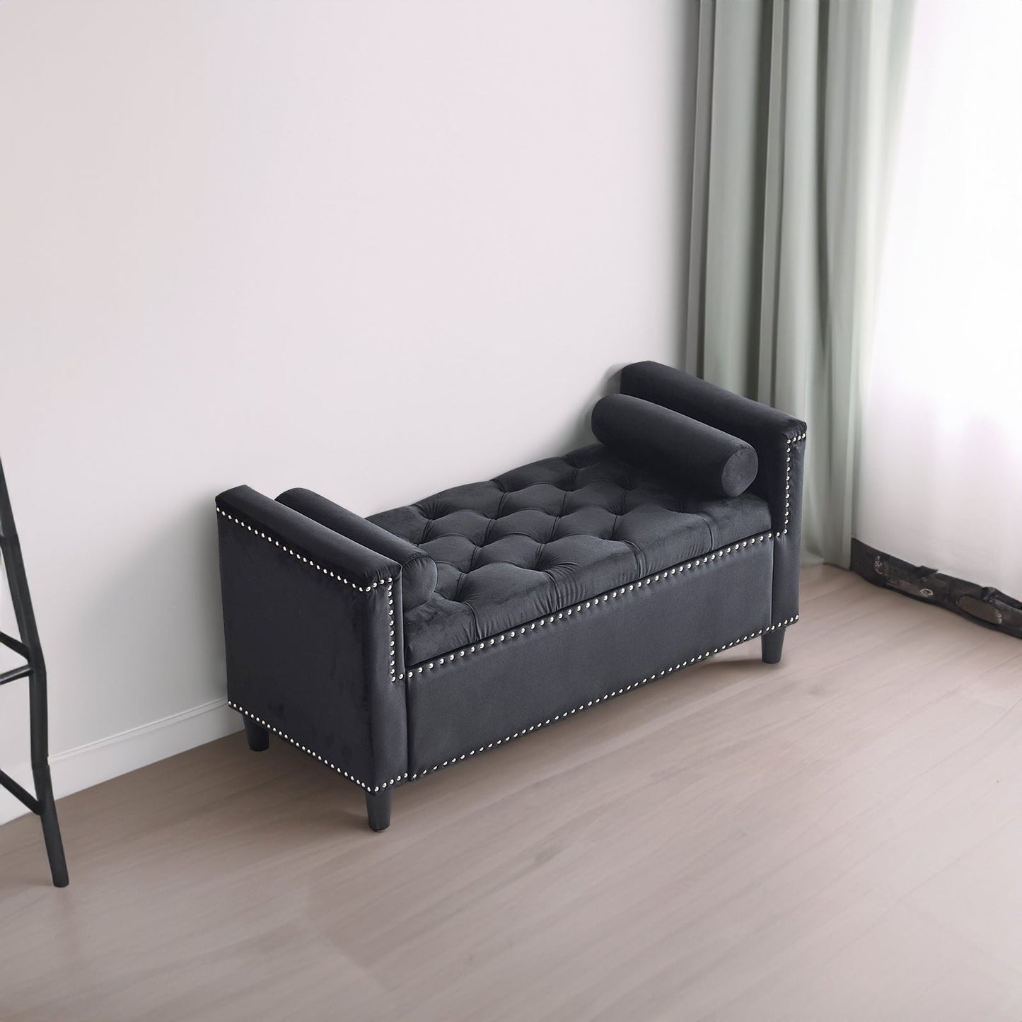 Storage Bench, 44.5-Inch Queen Velvet Button Bedside Bench, Entryway Living Room with Armrests, Nailhead Trim  Black - Korvel