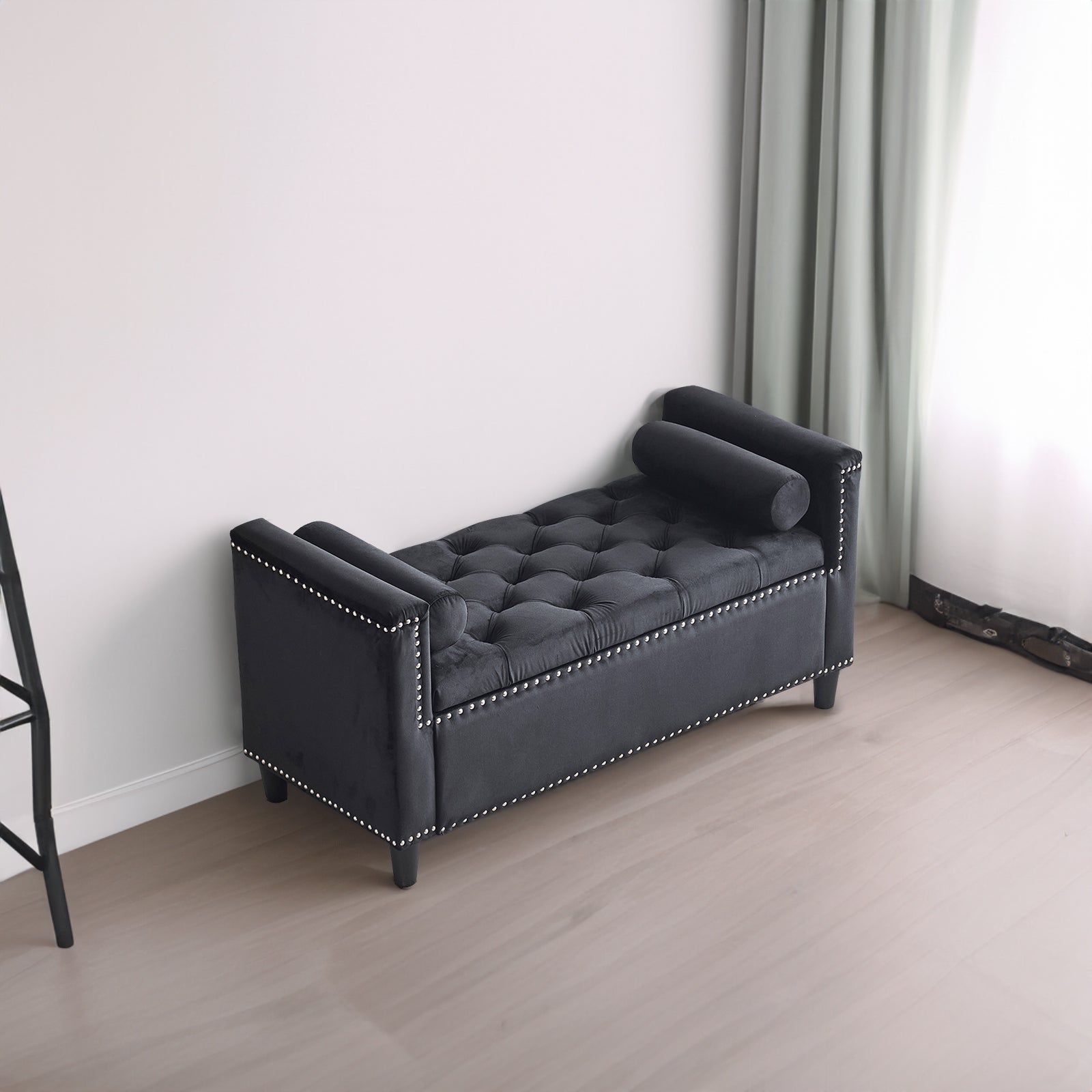 Storage Bench, 44.5-Inch Queen Velvet Button Bedside Bench, Entryway Living Room with Armrests, Nailhead Trim  Black - Korvel