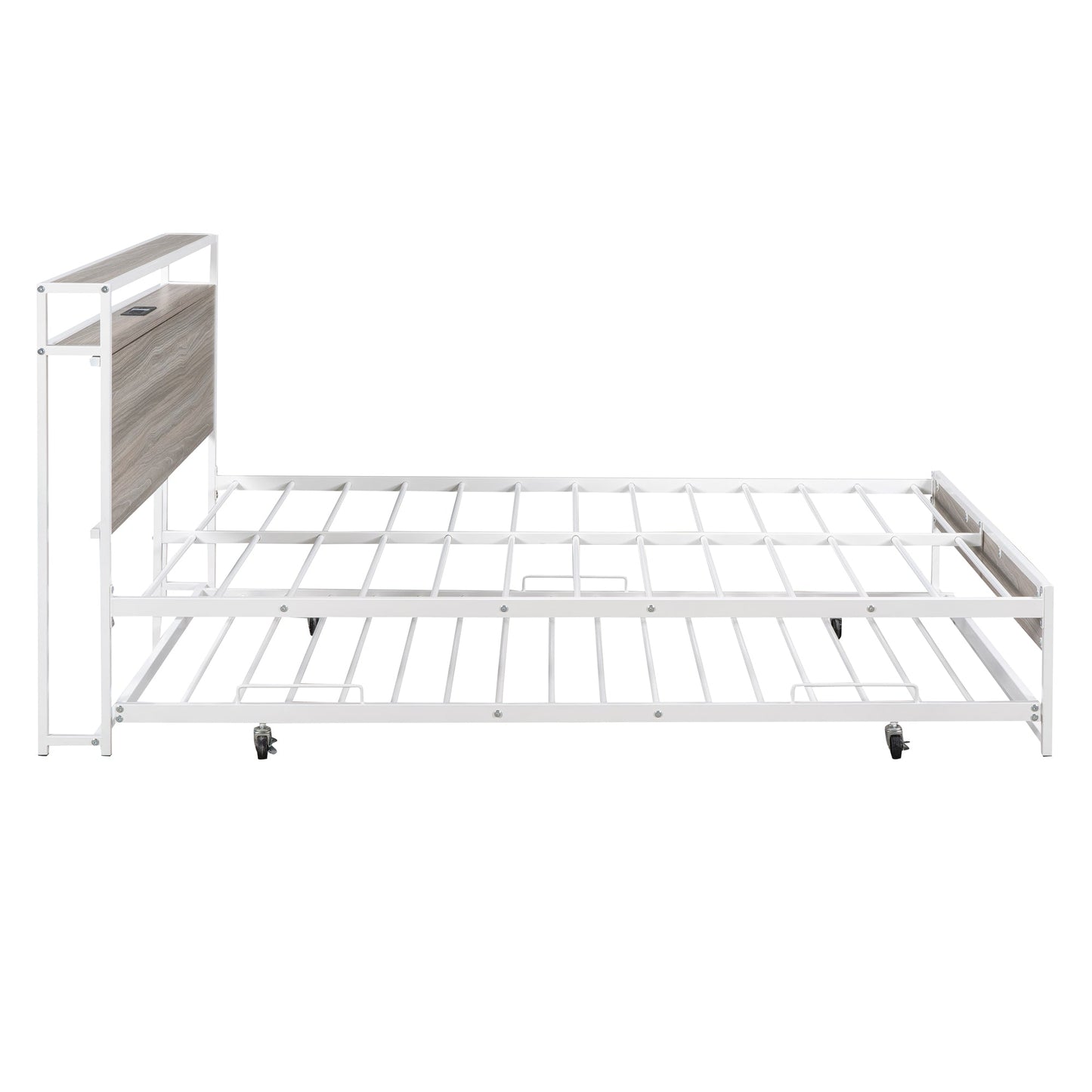 Full Size Metal Platform Bed Frame with Trundle, USB Ports and Slat Support No Box Spring Needed White - Korvel