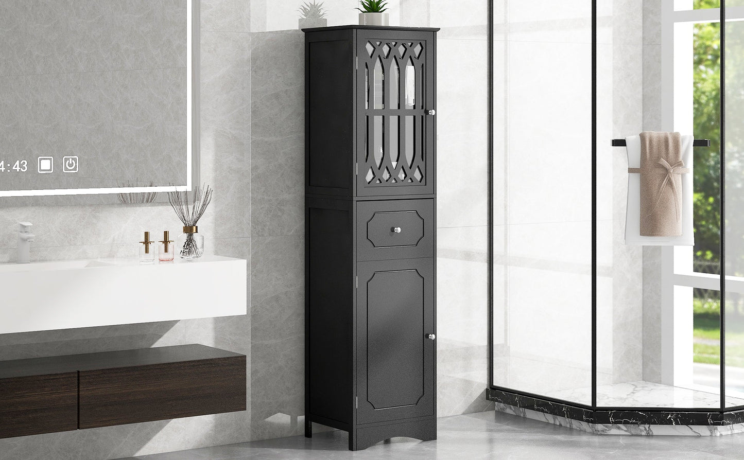 Tall Bathroom Cabinet, Freestanding Storage Cabinet with Drawer and Doors, MDF Board, Acrylic Door, Adjustable Shelf, Black - Korvel