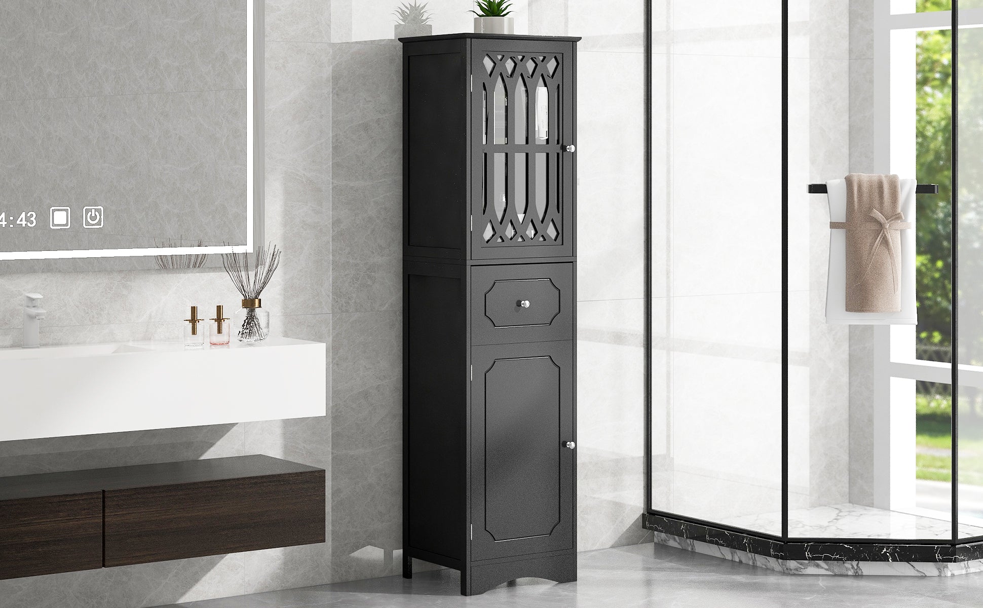 Tall Bathroom Cabinet, Freestanding Storage Cabinet with Drawer and Doors, MDF Board, Acrylic Door, Adjustable Shelf, Black - Korvel