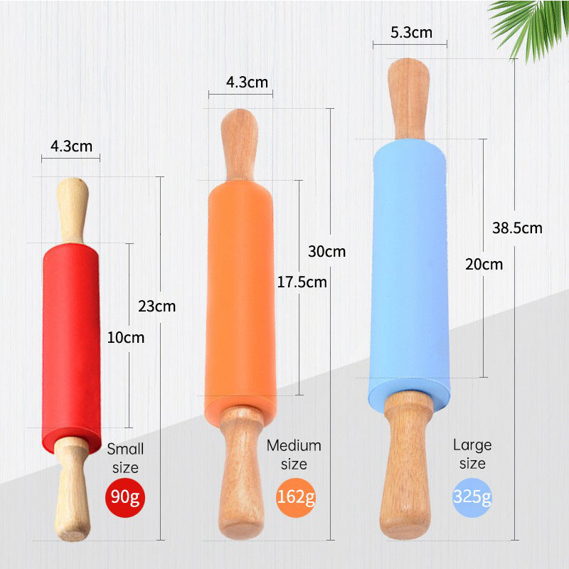 Wooden Handle Silicone Rolling Pin Rolling Pin Roller Flour Pin Small Medium And Large Household Baking Tools And Kitchenware - Korvel
