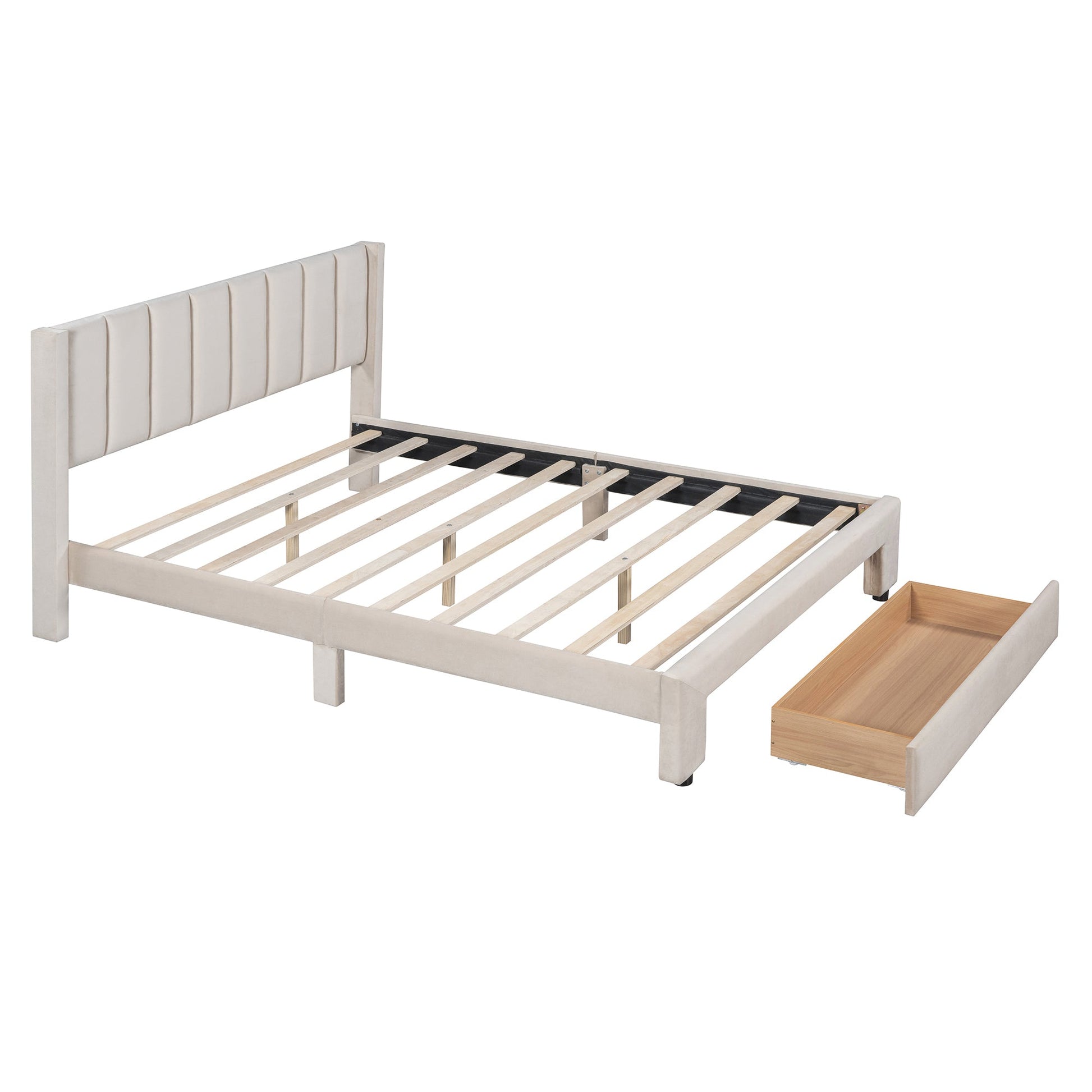Queen Size Storage Bed Velvet Upholstered Platform Bed with a Big Drawer - Beige - Korvel