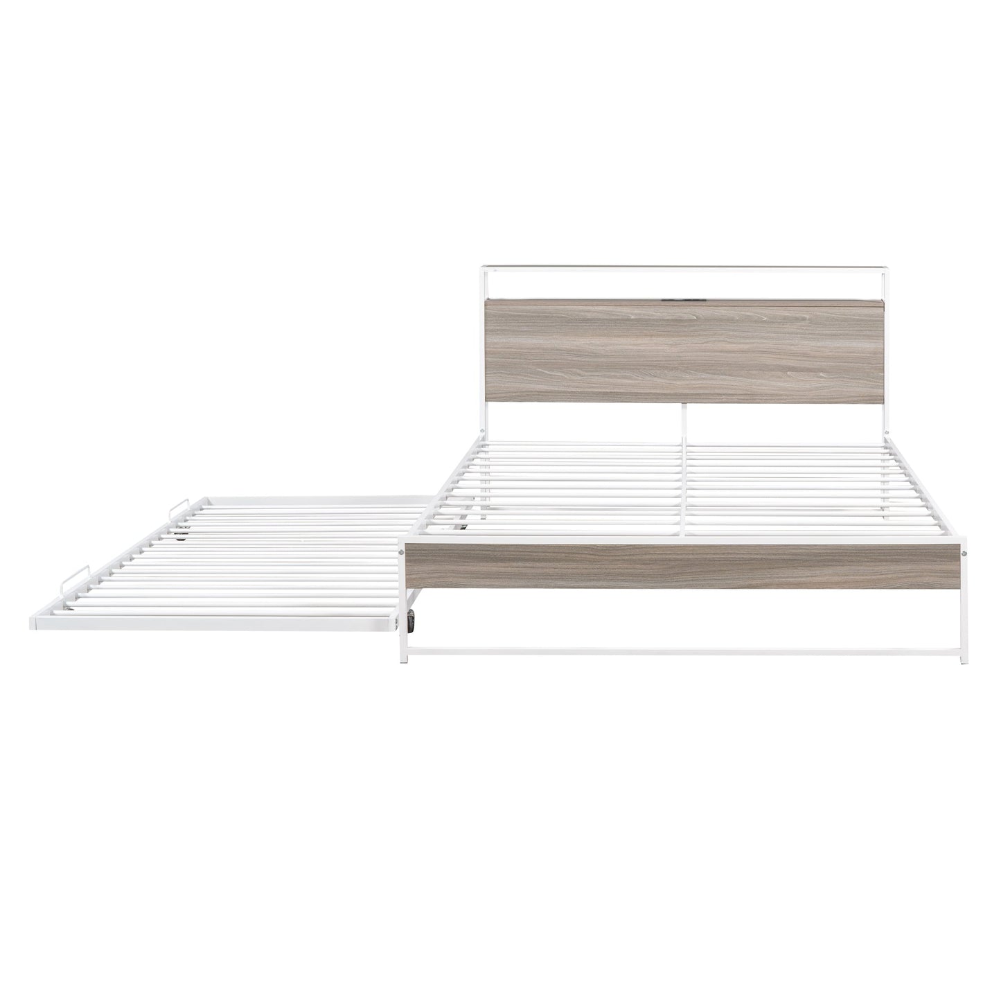 Queen Size Metal Platform Bed Frame with Trundle, USB Ports and Slat Support ,No Box Spring Needed White - Korvel
