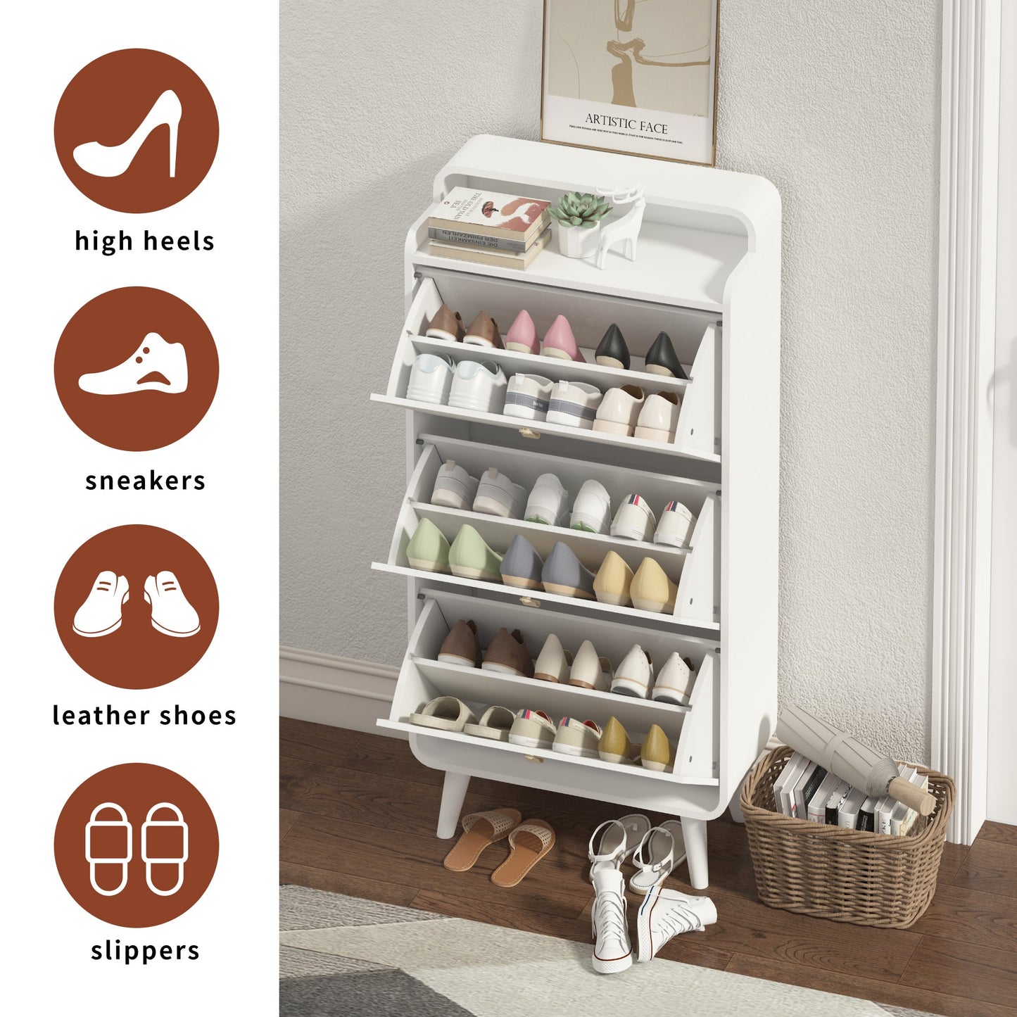 Modern Arc Design Shoe Cabinet With 3 Drawers,Shoe Storage Cabinet for Entryway,Outdoor,White Finish - Korvel