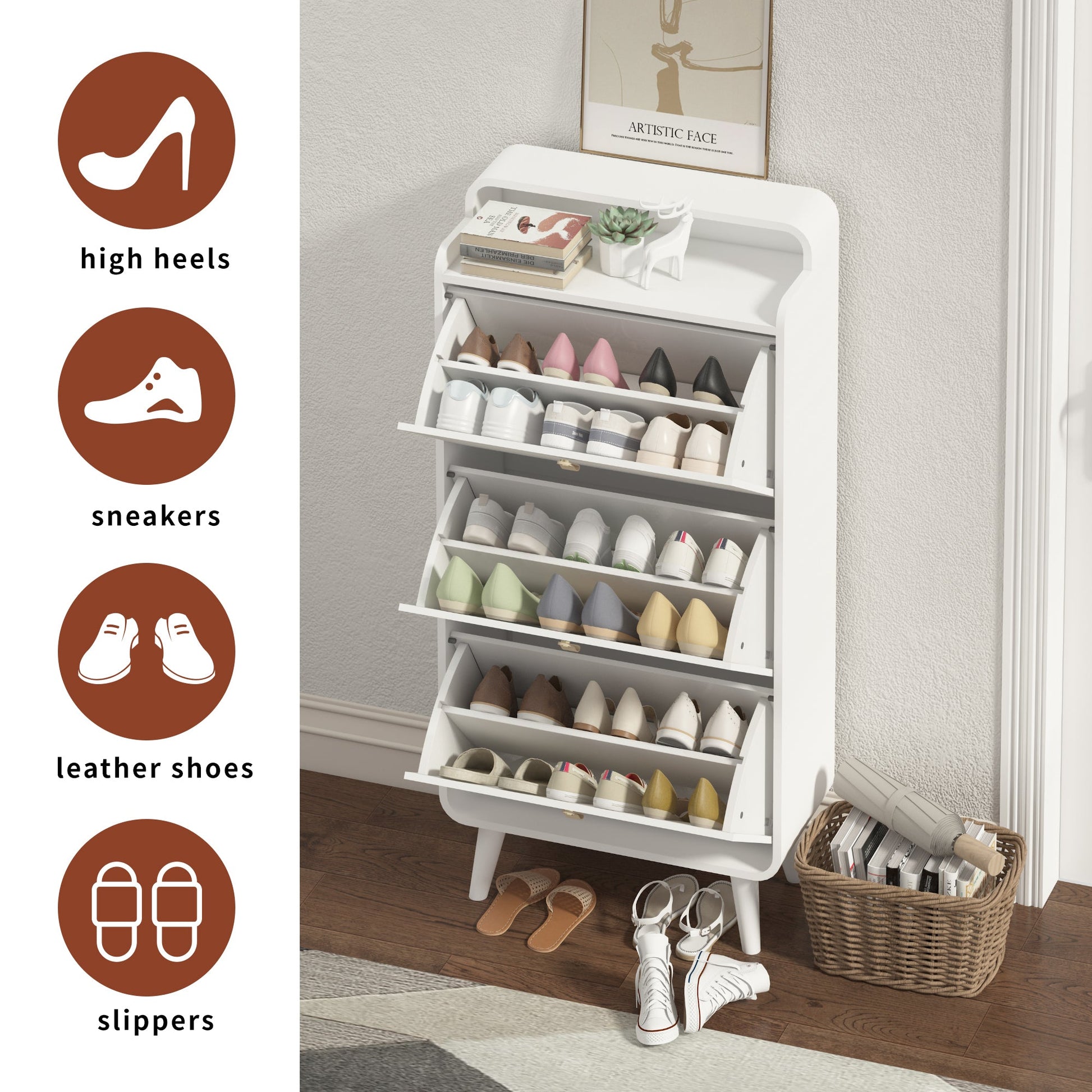 Modern Arc Design Shoe Cabinet With 3 Drawers,Shoe Storage Cabinet for Entryway,Outdoor,White Finish - Korvel
