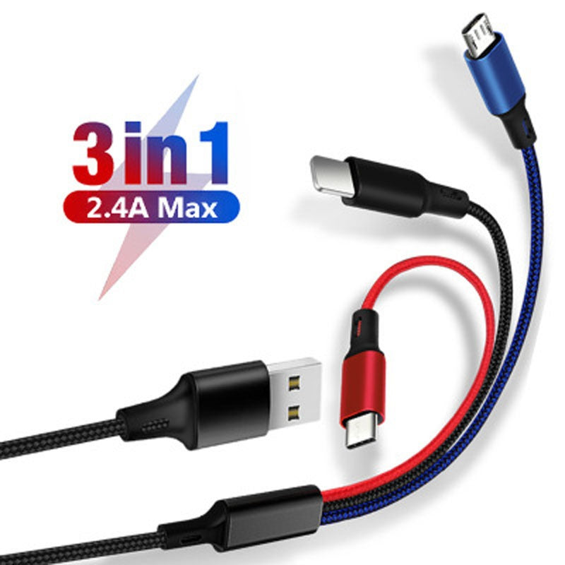 One to three data cable nylon braided three head fast charging mobile phone charging cable - Korvel