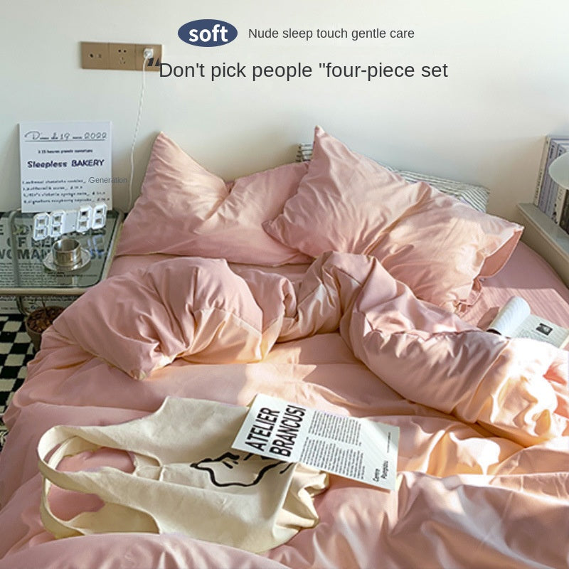 Solid Color Simple Four-Piece Set Flannel Quilt Cover INS Style Quilt Cover Dormitory Summer Washed Cotton Bedding Three-Piece Set - Korvel