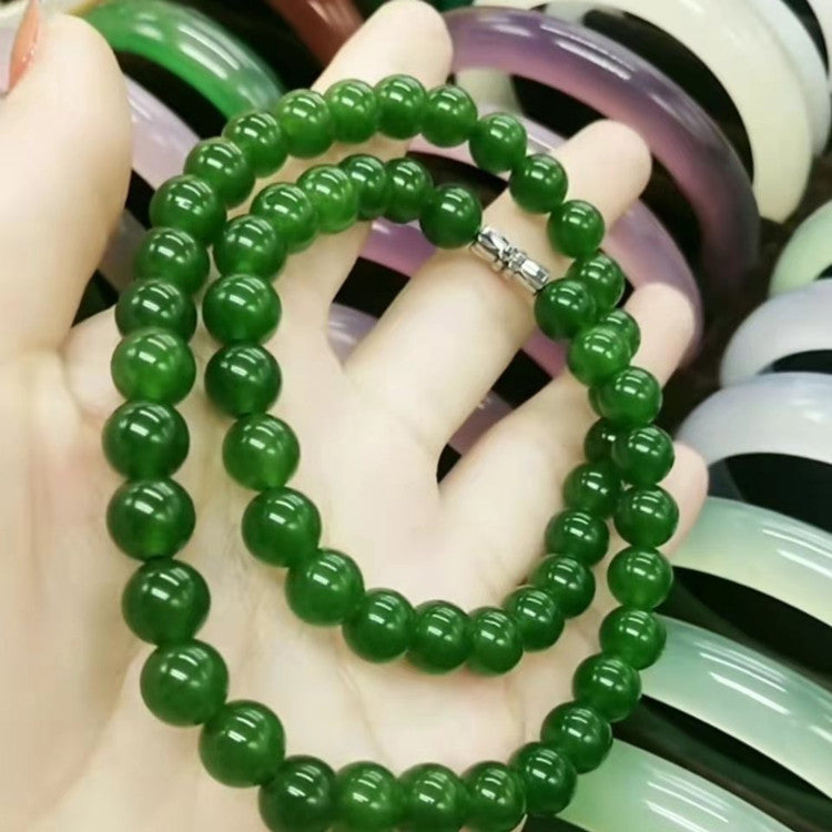 Hetian Biyu necklace, spinach green jade necklace, round bead style, Taiwan green jade necklace - Korvel