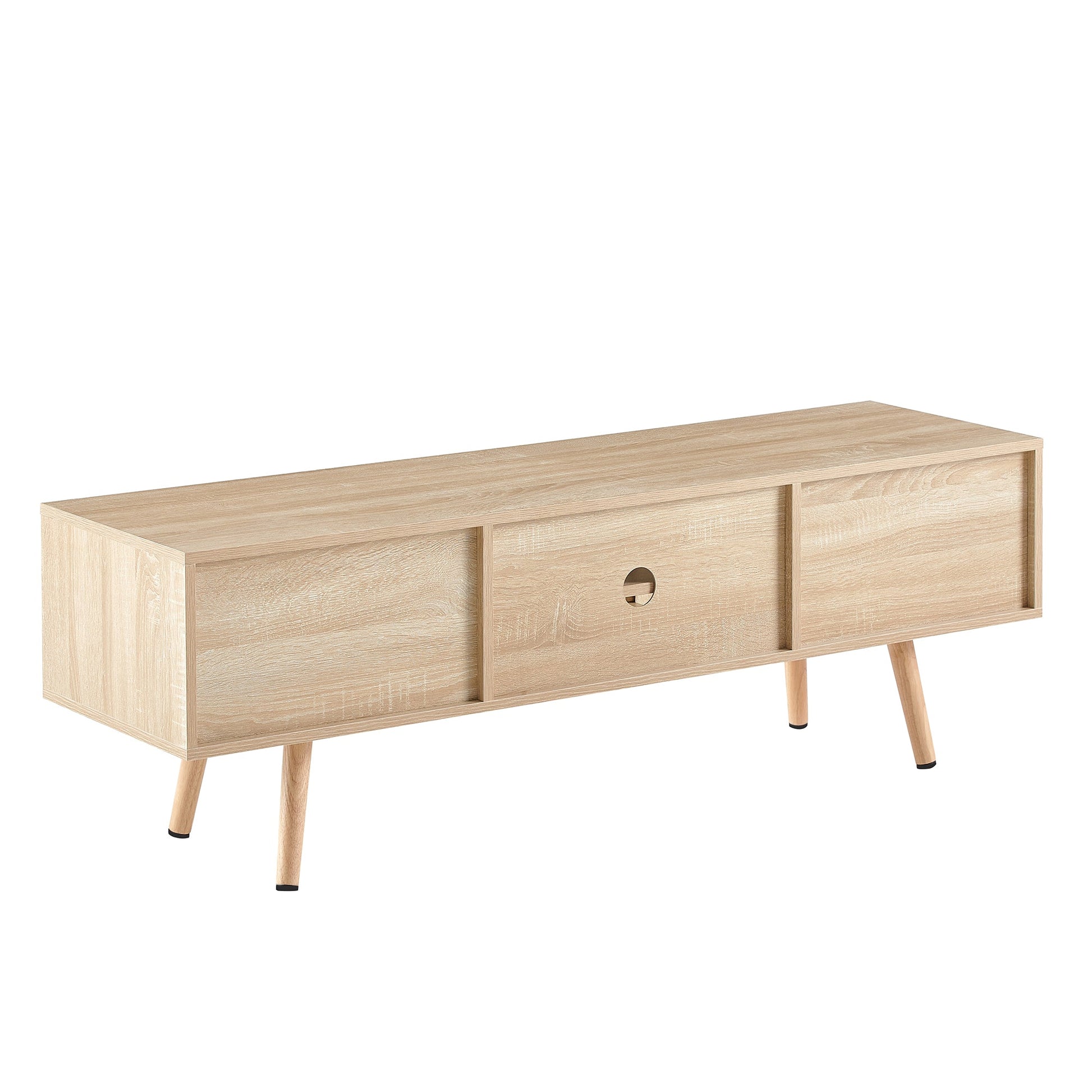55.12" Rattan TV cabinet double sliding doors for storage adjustable shelf solid wood legs TV console for living room natural - Korvel