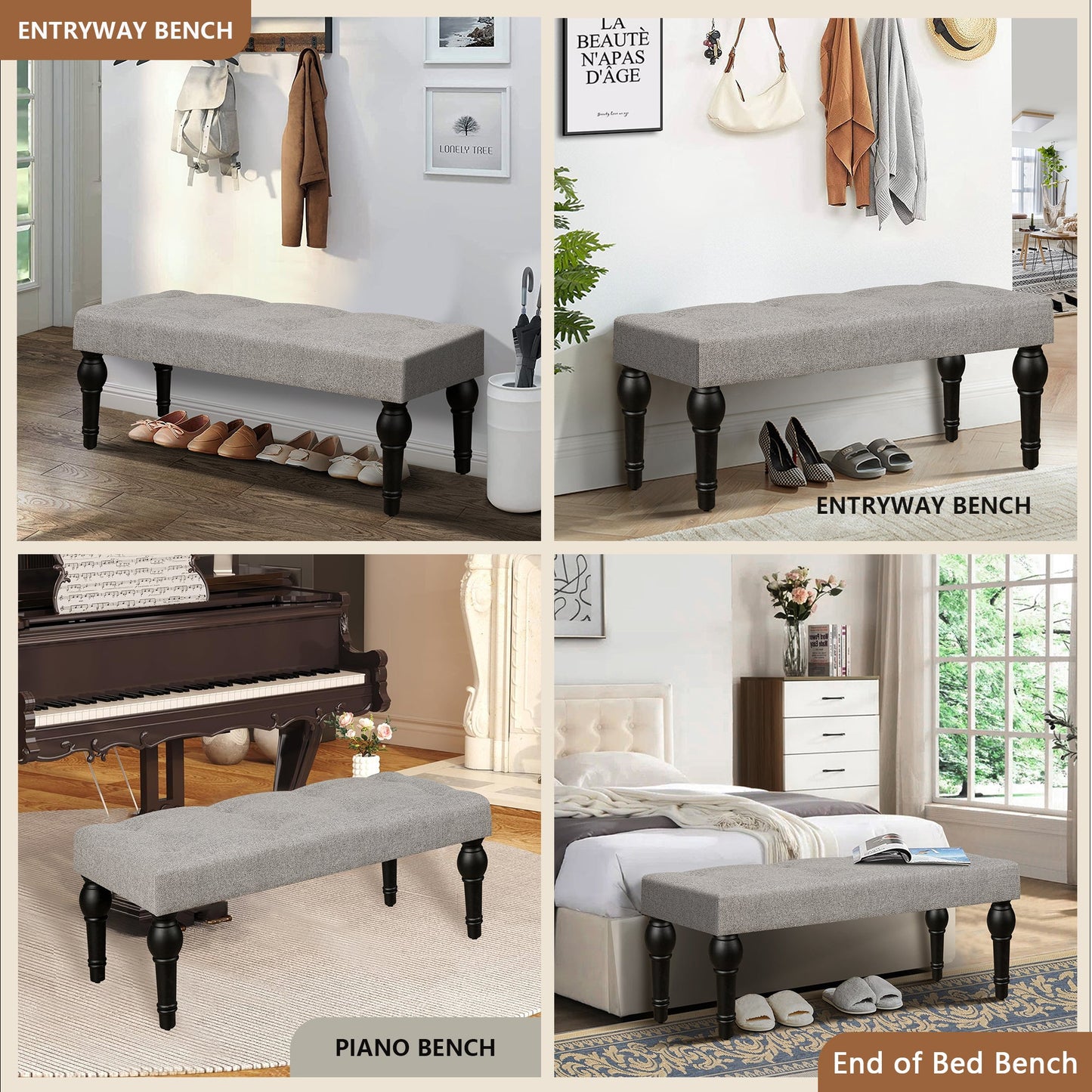 Ottoman Bench 4-thickened Roman Column Feet French Upholstered Bedside Bench For Bedroom Living Room Entryway - Korvel