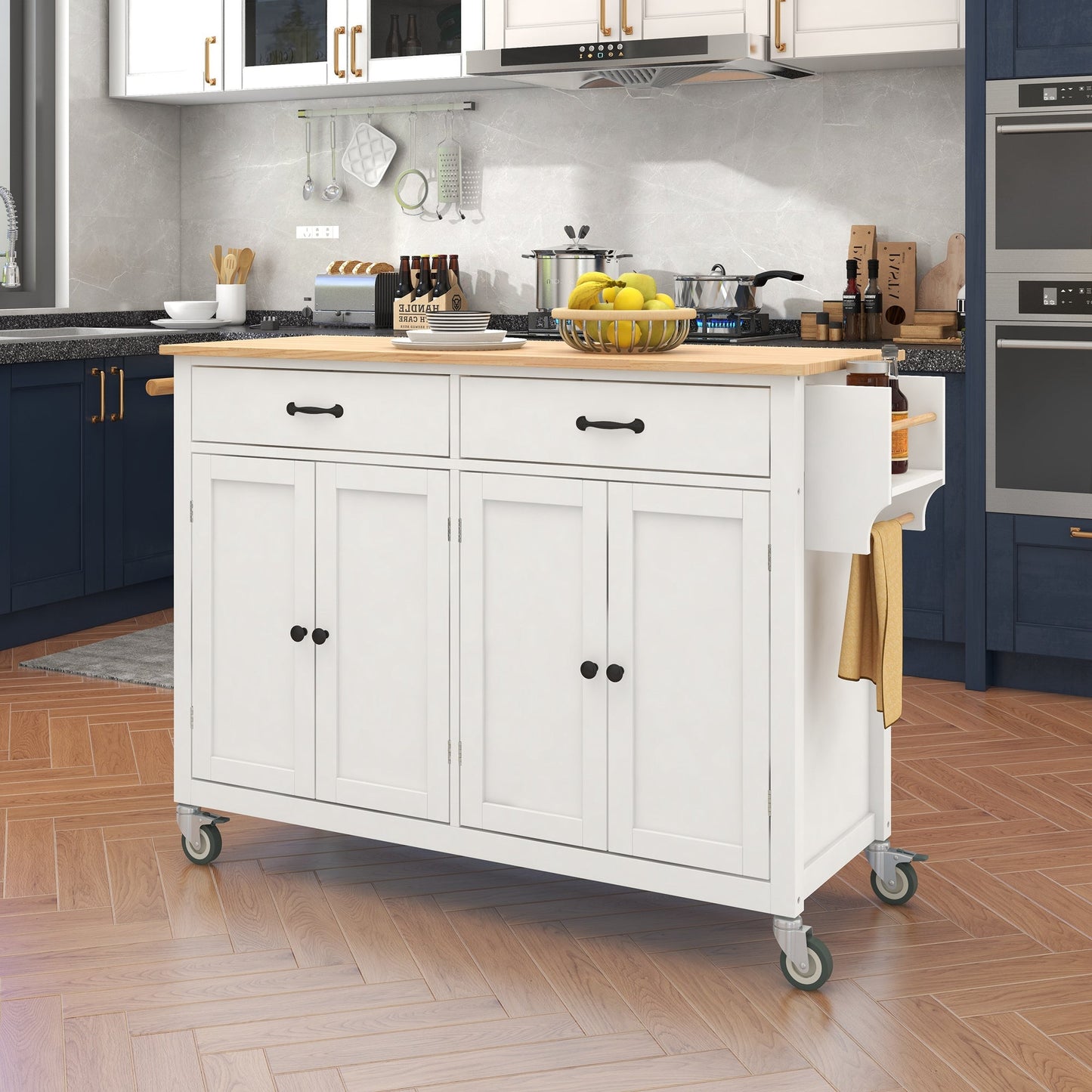 Kitchen Island Cart with Solid Wood Top and Locking Wheels 54.3 Inch Width  (White) - Korvel