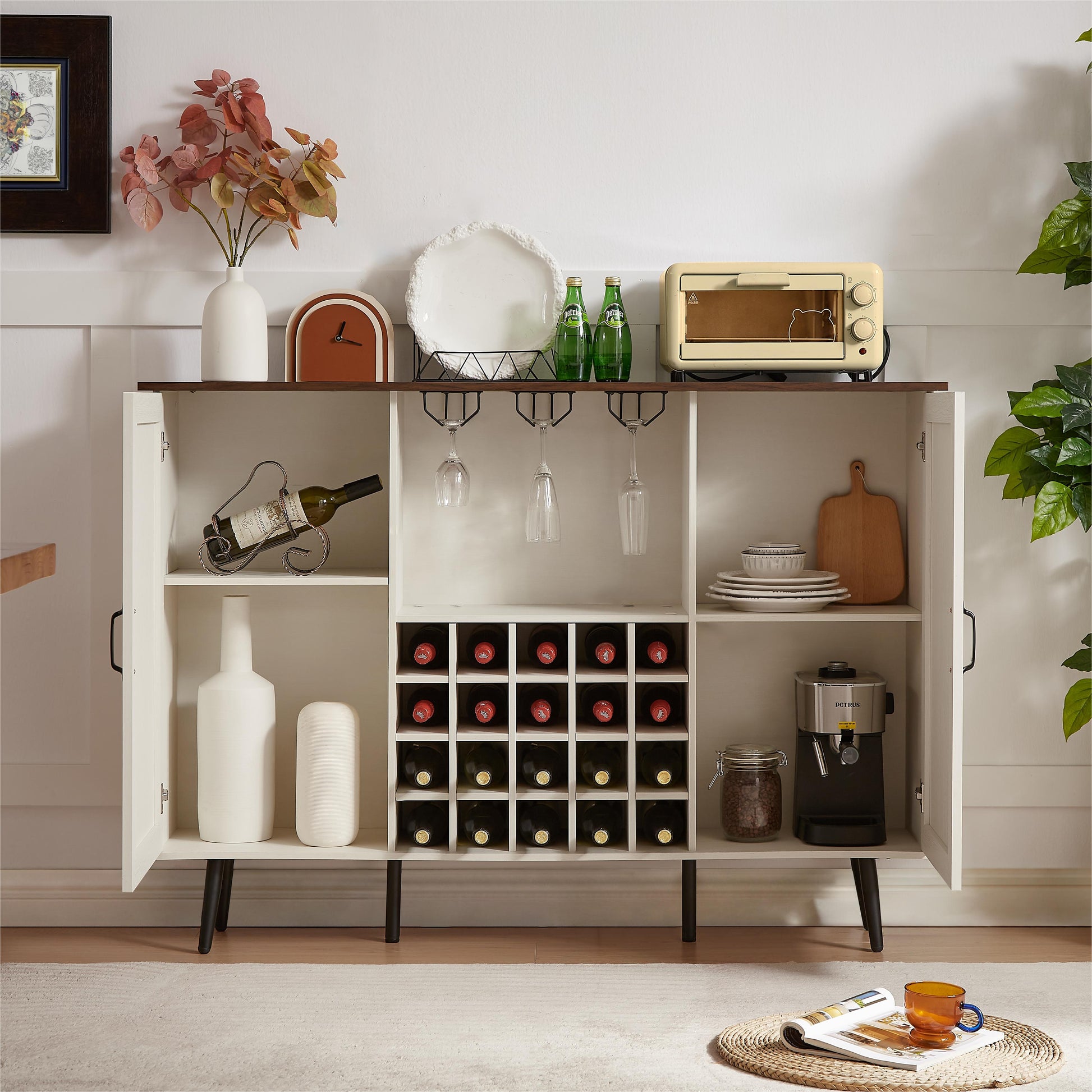 White Faux Rattan Barn Door Wine Cabinet with Wine Rack and Wine Glass Rack, Double Door Design with Removable Shelves - Korvel