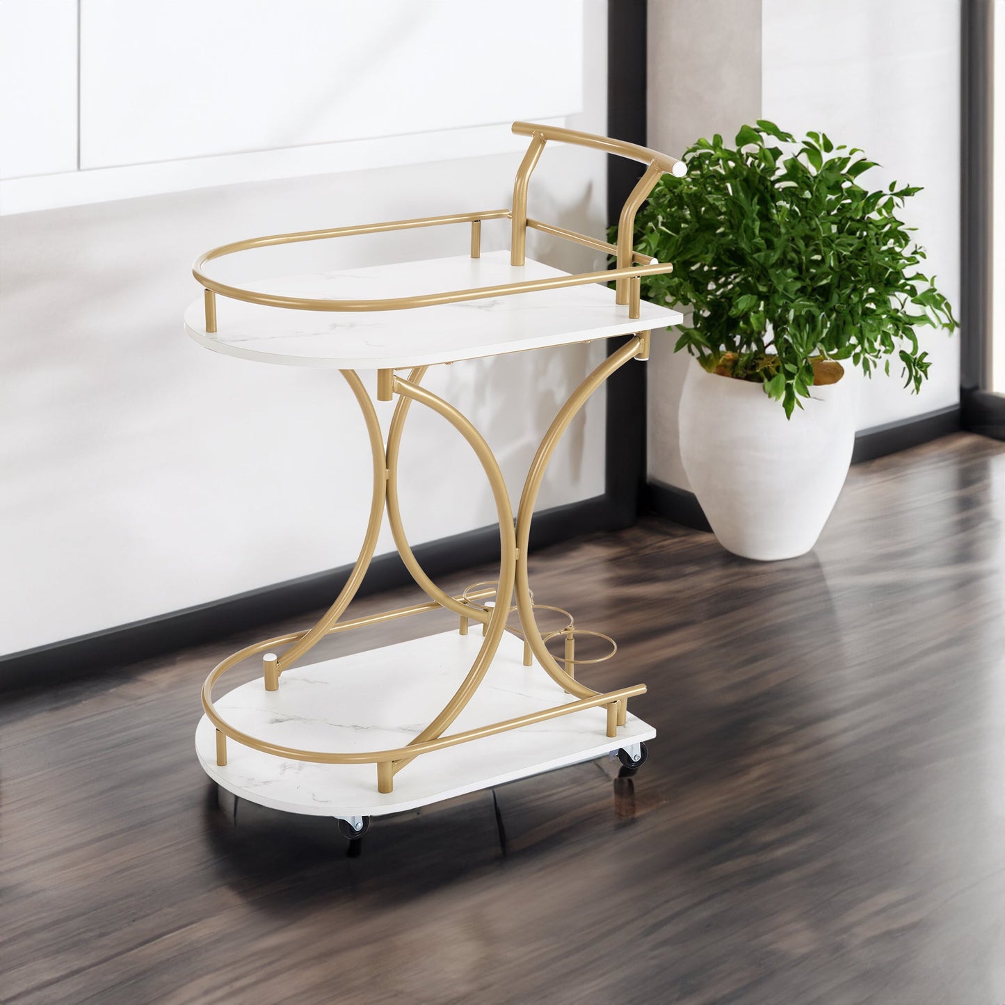 Double decker bar cart, mobile bar service cart, kitchen industrial style wine cart, beverage cart with wine rack and glass rack - Korvel