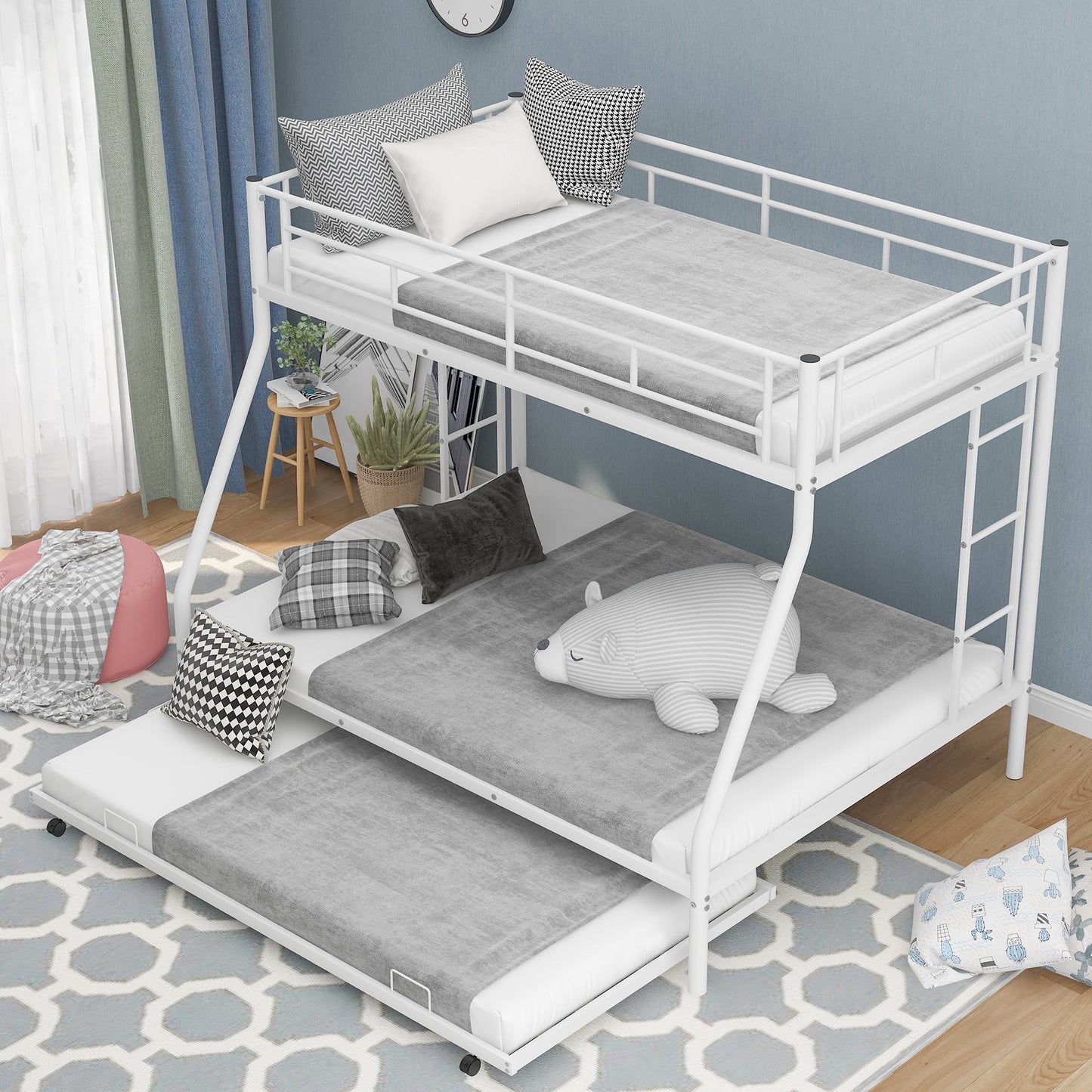 Twin over Full Bunk Bed with Trundle and Steel Frame - White