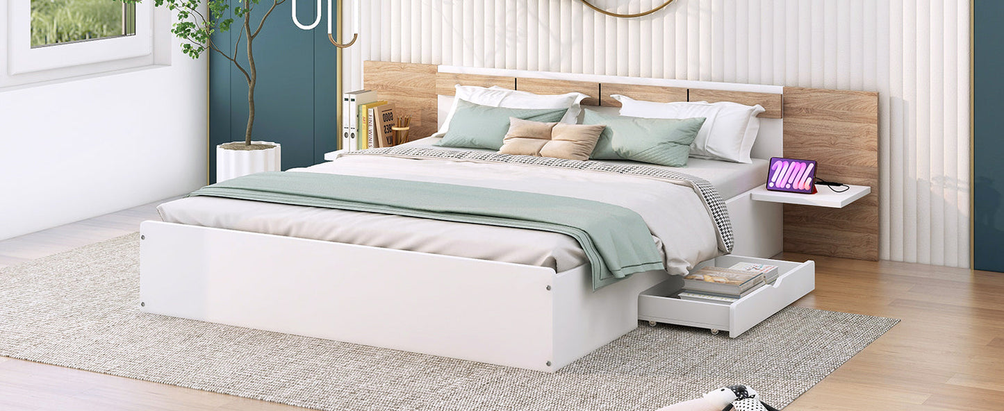 Queen Size Platform Bed with Headboard, Drawers, Shelves, USB Ports and Sockets  White - Korvel