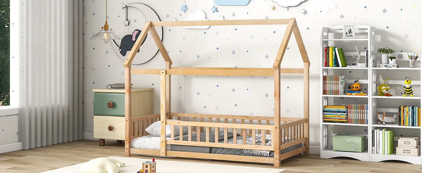 Lit en bois taille twin avec cadre de toit de maison et barrières de sécurité