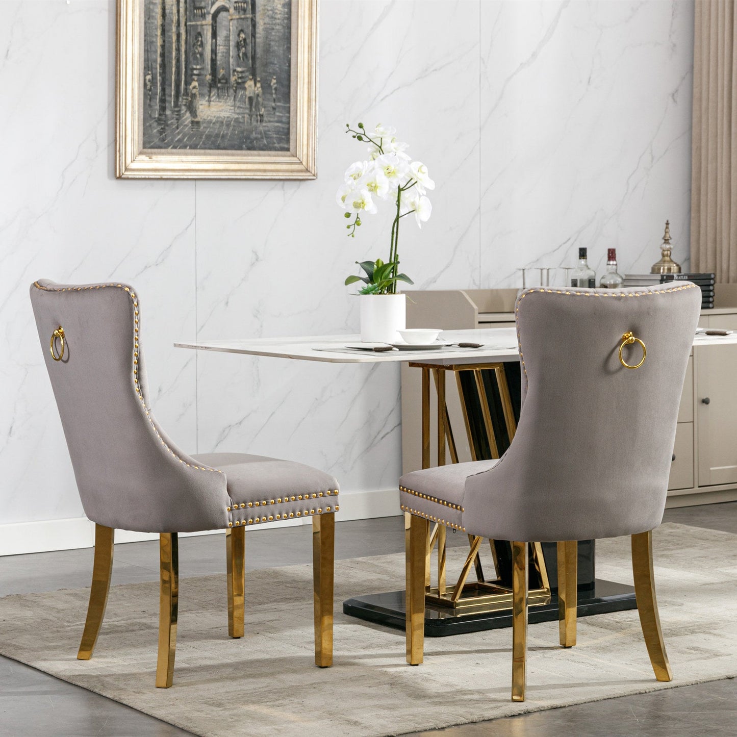 Tufted solid wood velvet cushioned dining chair, gold-plated stainless steel nail leg heads, 2 pieces in gray and gold - Korvel