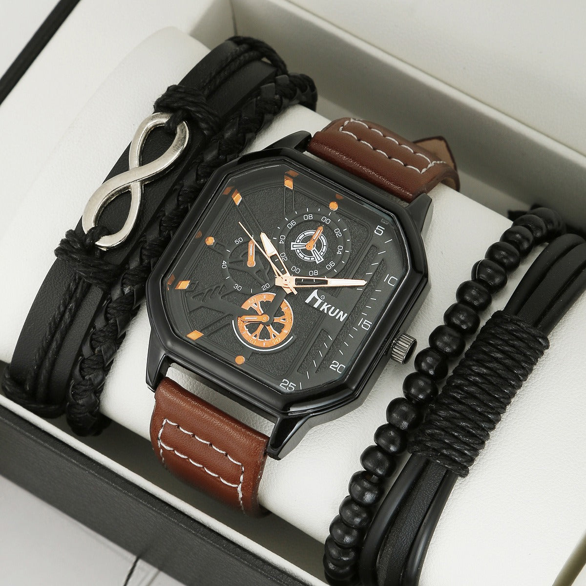 Fashion New Double Layer Square Shell Belt Casual Men's Sports Bracelet Set Quartz Watch - Korvel