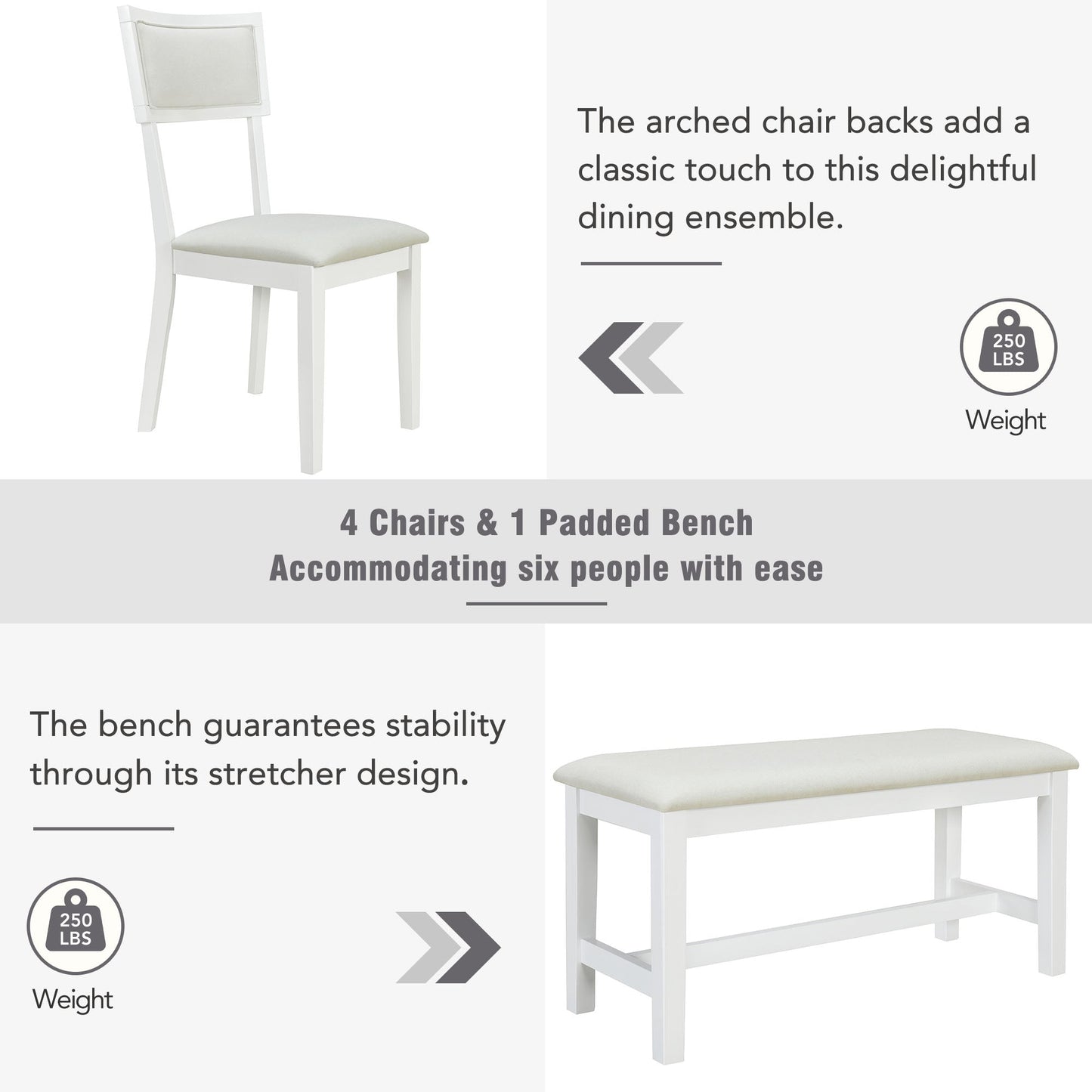 TOPMAX Farmhouse 6-Piece Trestle Dining Table Set with Upholstered Dining Chairs and Bench  59inch, White - Korvel