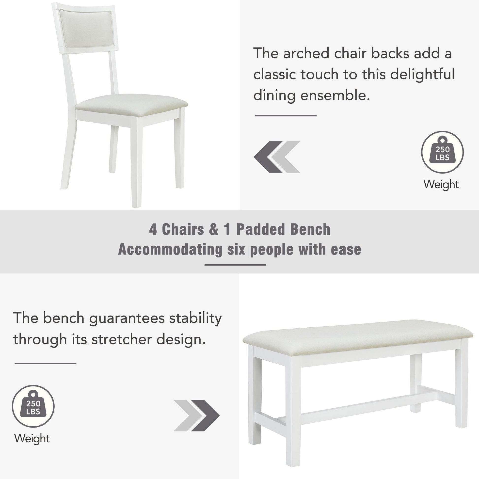 TOPMAX Farmhouse 6-Piece Trestle Dining Table Set with Upholstered Dining Chairs and Bench  59inch, White - Korvel