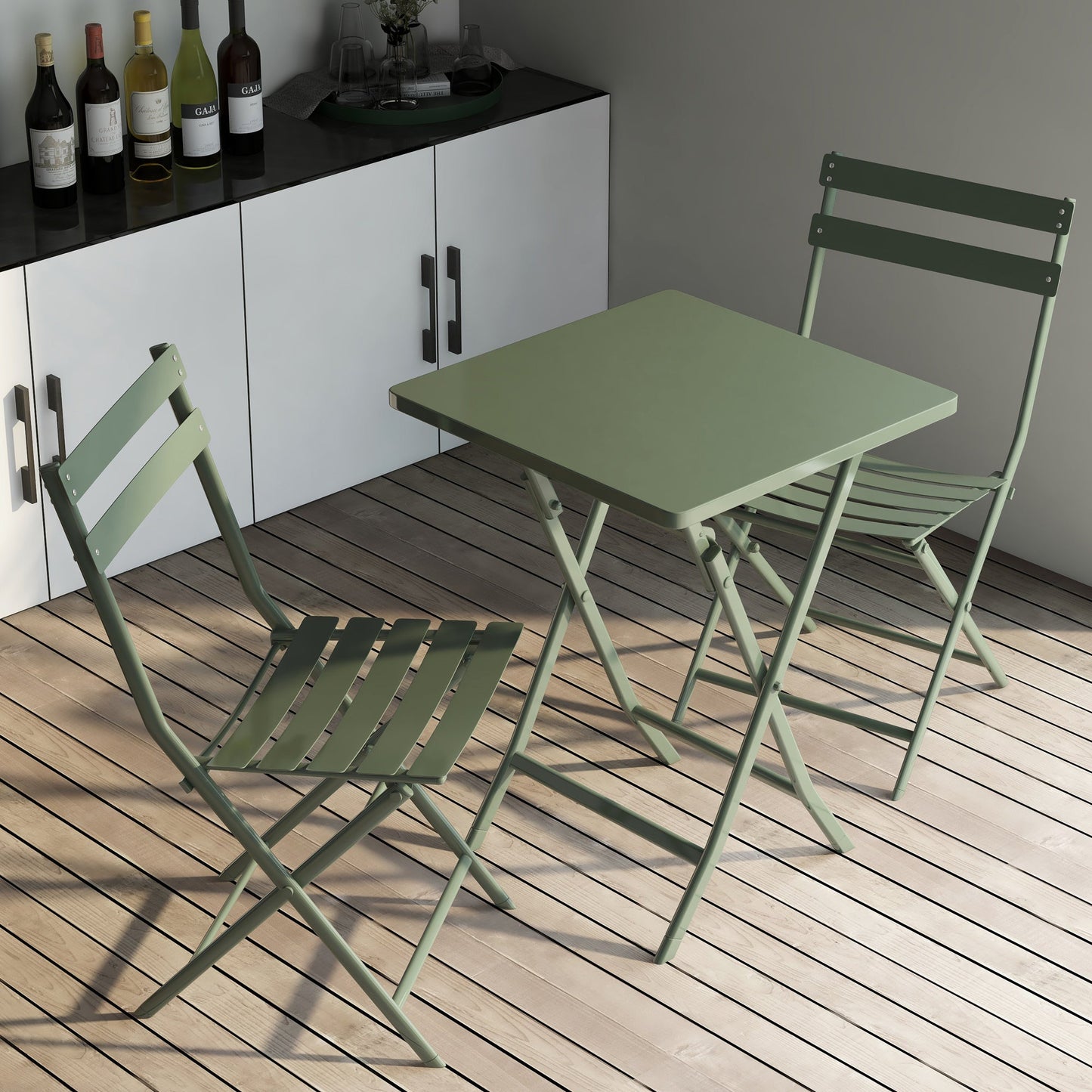 3 Piece Patio Bistro Set of Foldable SquareTable and Chairs, Dark Greem - Korvel