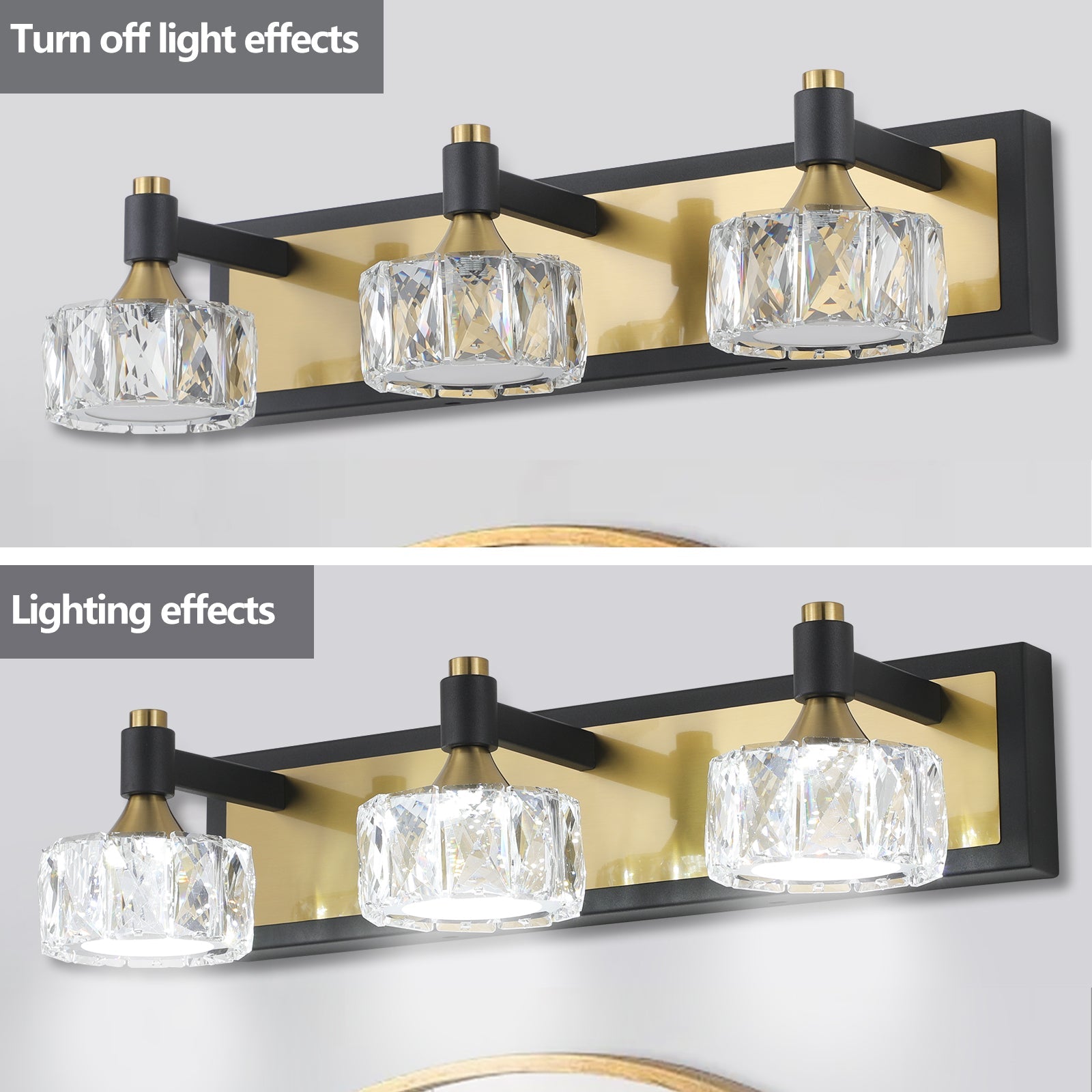 LED 3-Light Modern Crystal Bathroom Vanity Light Over Mirror Bath Wall Lighting Fixtures - Korvel