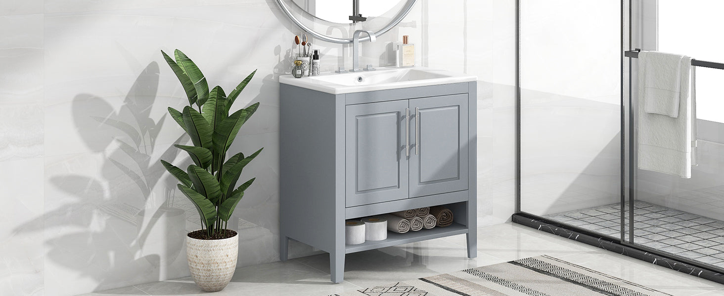 30" Bathroom Vanity with Sink, Multi-functional Bathroom Cabinet with Doors and Drawers, Solid Frame and MDF Board, Grey - Korvel