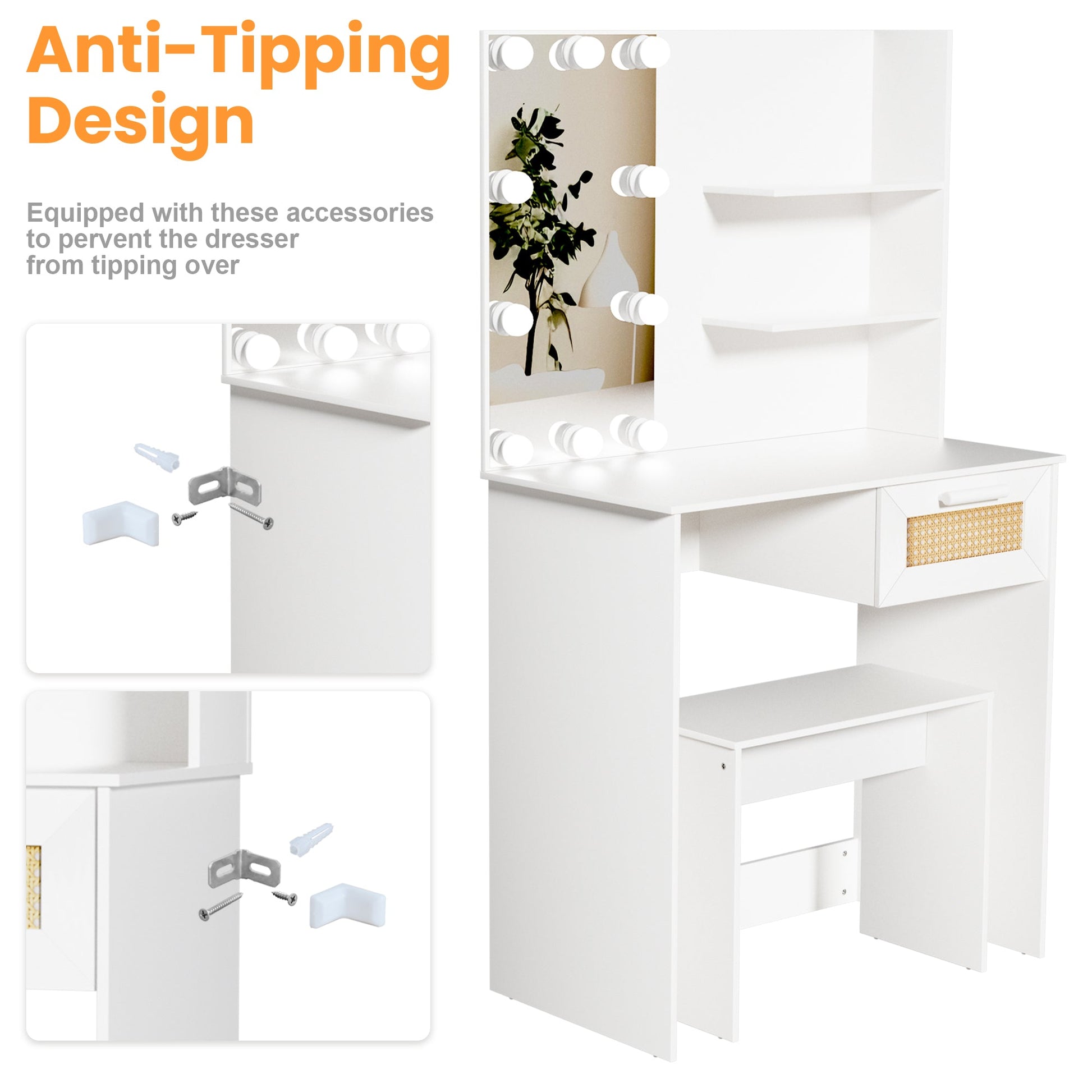 Vanity Desk Set Stool & Dressing Table with LED Lighting Mirror Drawer and Wood Cosmetic Table Chest of Drawers White Color - Korvel